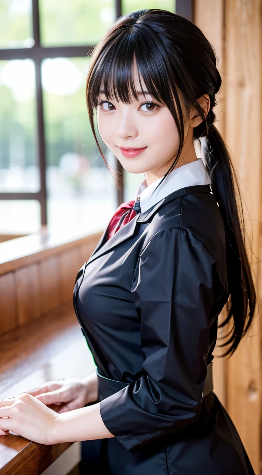 (highest quality,masterpiece:1.3,Ultra-high resolution,),(Very detailed,Caustics),(Photorealistic:1.4,RAW shooting,)Ultra-Realistic Capture,Very detailed,High resolution 16K human skin closeup。 Natural skin texture、,Pores、、、、It must be detailed enough to be easily identifiable。 Skin tone is even and healthy looking。 Use natural light and color,restaurant,Waitress Uniform,1 girl,Japanese,18-year-old,cute,Black-haired,ponytail,Big Breasts,smile,Turn your body forward,(Front view:1.1),Looking at the camera,Cowboy Shot,