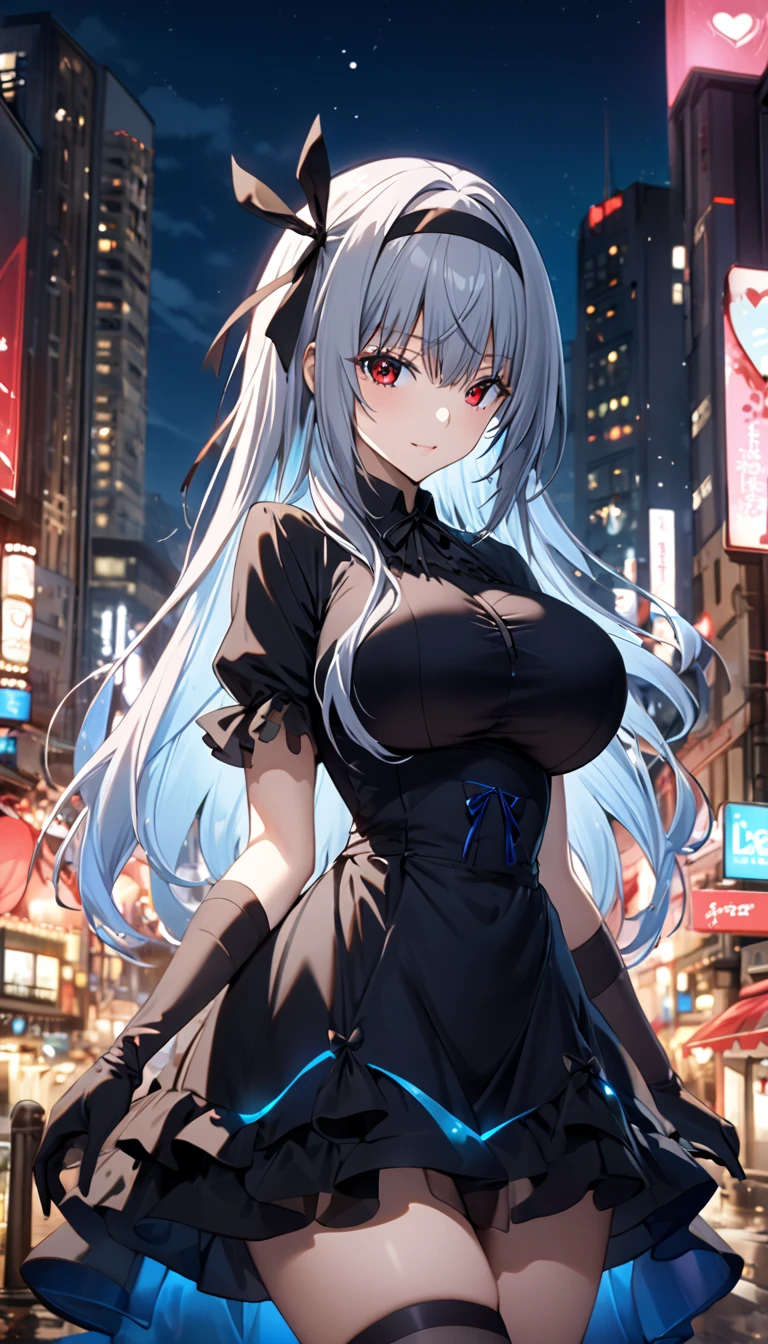  high definition ,  masterpieces , precise,  Best Quality ,  high detail, โมเดล high definition ,  Background Converter, City view at night,  Gothic Dress from TenSura Series - Tensei Shitara Slime Datta Ken, Luminous Valentine, Long hair, Gray hair, (  blue eyes:1.2), ( red-eyed:1.2), Black pupil,  redhead,  big breasts, Wear a blue dress, Put on long gloves, Black headband ribbon, Wine Sip 