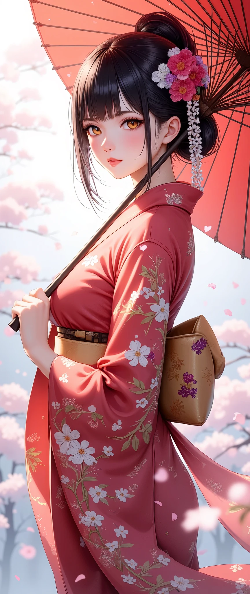  Woman with Japanese Umbrella , Nishijin Textile Kimono , Japanese painting style, beautiful anime portrait,  extra ,  Detailed Portraits of Anime Girls ,  Amazingly Beautiful Anime Portraits,  BEAUTIFUL ANIME WOMEN , digital  animated illustration, Anime Style Portrait , Extra art,Realistic, beautiful anime girl showing bare skin,  Anime Style Digital Art , animated illustration,The background is a cherry blossom blizzard