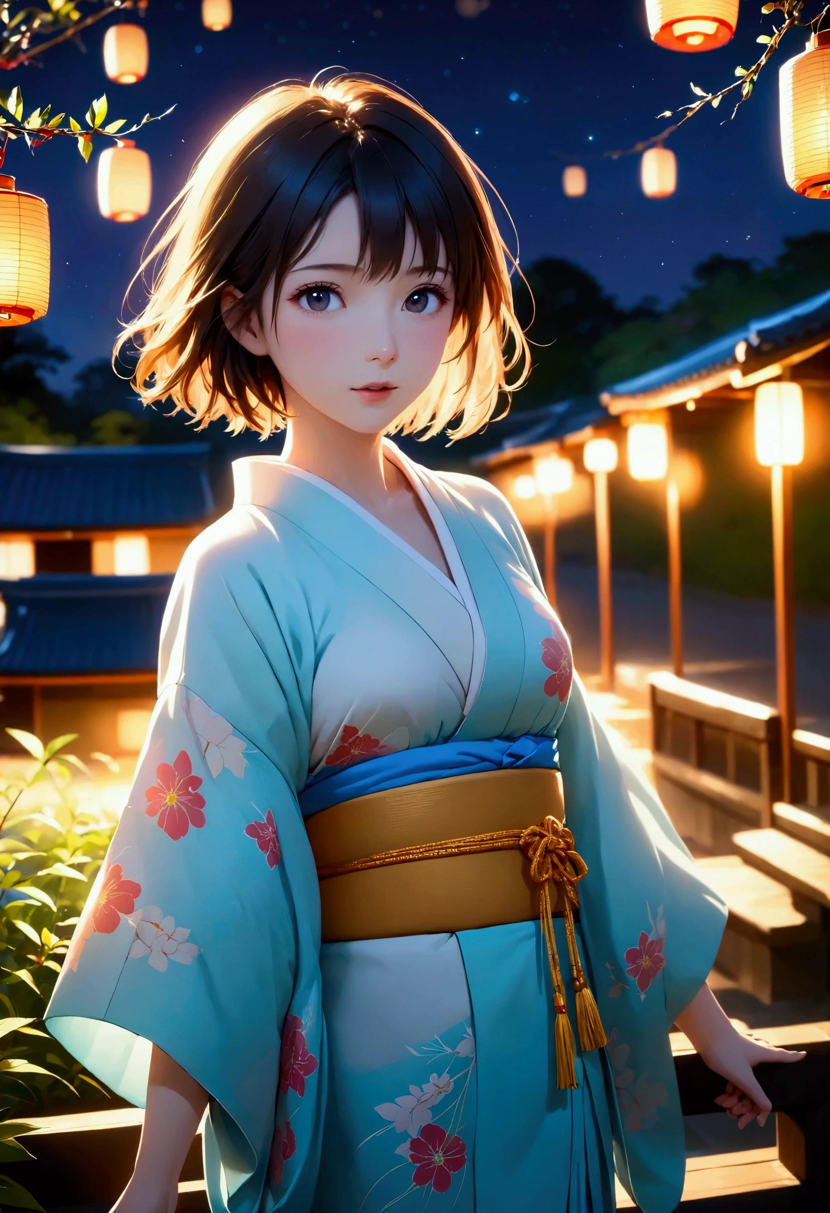 masterpiece,  high res,  illustration,  Kyoto animation style, movie style: your name,  night , mid night , Gentle Light, Fascinating Light, (1 female: 1.3), (Alone: 1.4),  has long eyelashes,  short bob, nose_, open_mouth, futon,  ,  japanese traditional kimono , , Kirarhythm, dynamic perspective, perspective, Bokeh, Depth_of_Field, from_ Down, ,(natural breasts:1.2), (Uplifted and well-defined bust:1.2),