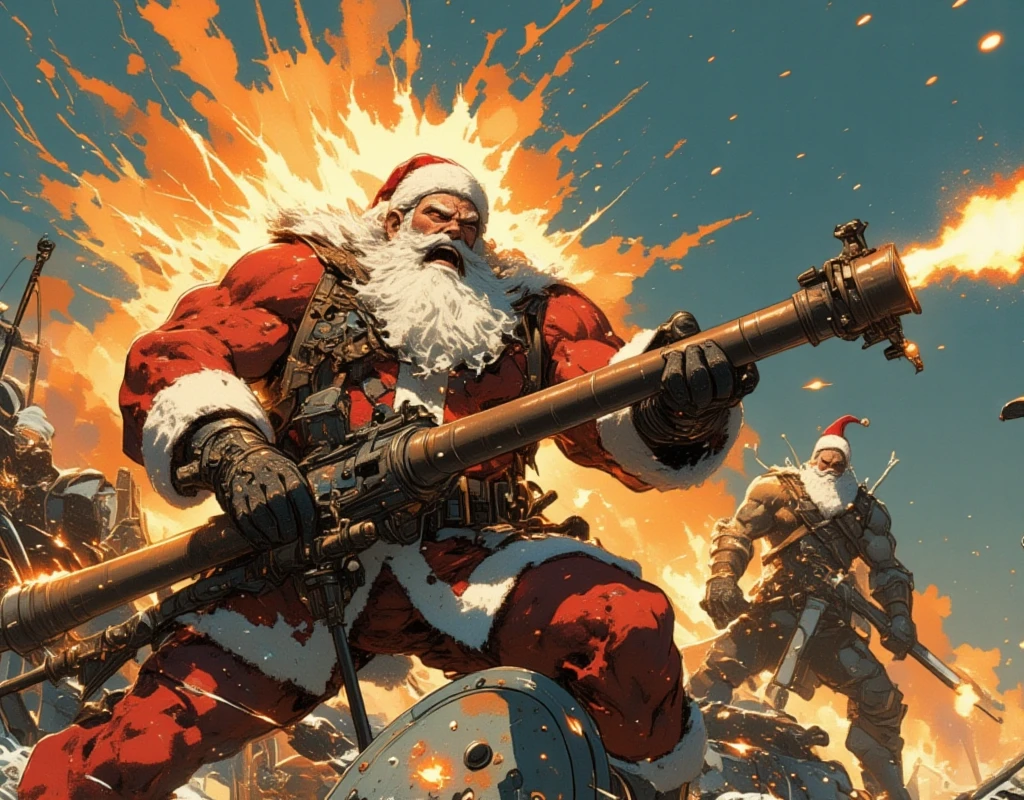 ((UHD, retina, masterpiece:1.2, anatomically correct, good anatomy:1.3, textured skin, super detail, high details, best quality, highres icon:1.3, 8k)), Strong Body Santa Claus , Beard Flickering Like Fire , An Aura Bursting Out of Their Eyes , Muscles are pushing up Santa clothes, Thick Muscular Arms , Santa Claus is looking left and shooting a gun, Santa Claus is holding and firing a long barrel cannon, long barrel:1.5, The shield is stuck into the ground:1.4, The barrel is placed on top of the shield and fixed in place:1.4, Dramatic:1.1, Dynamic Paintbrush, from below:1.2, Vision:1.1