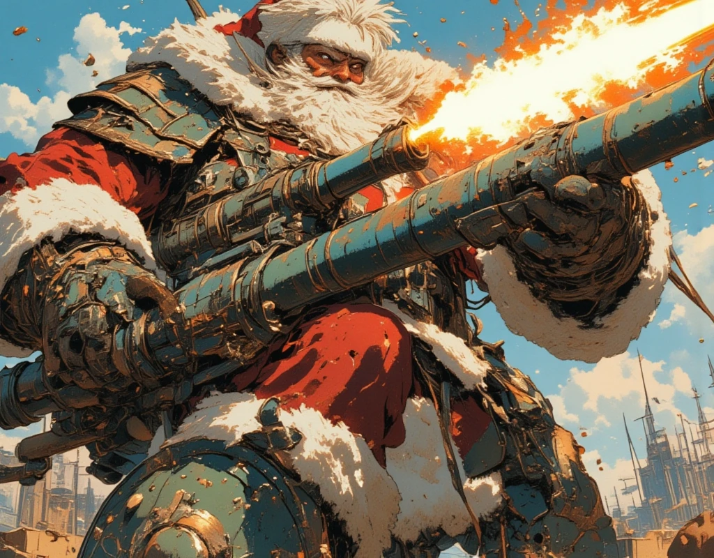 ((UHD, retina, masterpiece:1.2, anatomically correct, good anatomy:1.3, textured skin, super detail, high details, best quality, highres icon:1.3, 8k)), Strong Body Santa Claus , Beard Flickering Like Fire , An Aura Bursting Out of Their Eyes , Muscles are pushing up Santa clothes, Thick Muscular Arms , Santa Claus is looking left and shooting a gun, Santa Claus is holding and firing a long barrel cannon, long barrel:1.5, The shield is stuck into the ground:1.4, The barrel is placed on top of the shield and fixed in place:1.4, Dramatic:1.1, Dynamic Paintbrush, from below:1.2, Vision:1.1