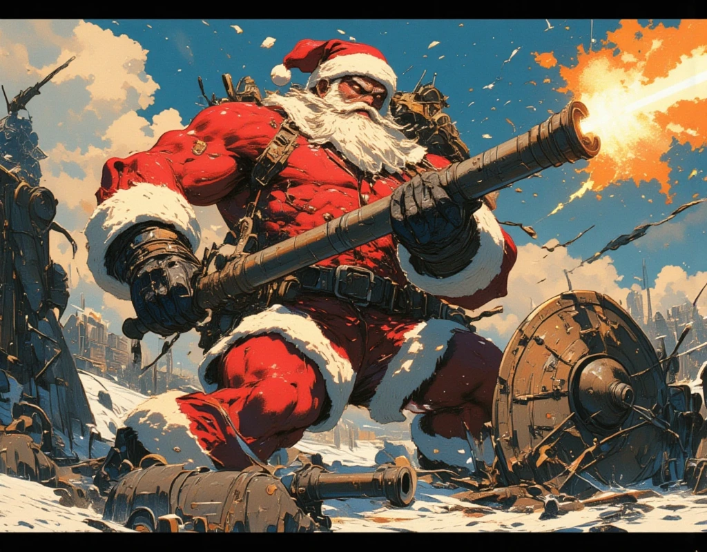 ((UHD, retina, masterpiece:1.2, anatomically correct, good anatomy:1.3, textured skin, super detail, high details, best quality, highres icon:1.3, 8k)), Strong Body Santa Claus , Beard Flickering Like Fire , An Aura Bursting Out of Their Eyes , Muscles are pushing up Santa clothes, Thick Muscular Arms , Santa Claus is looking left and shooting a gun, Santa Claus is holding and firing a long barrel cannon, long barrel:1.5, The shield is stuck into the ground:1.4, The barrel is placed on top of the shield and fixed in place:1.4, Dramatic:1.1, Dynamic Paintbrush, from below:1.2, Vision:1.1