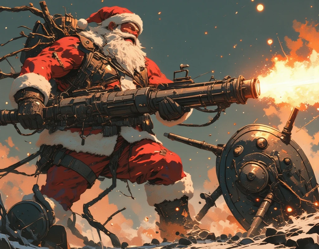 ((UHD, retina, masterpiece:1.2, anatomically correct, good anatomy:1.3, textured skin, super detail, high details, best quality, highres icon:1.3, 8k)), Strong Body Santa Claus , Beard Flickering Like Fire , An Aura Bursting Out of Their Eyes , Muscles are pushing up Santa clothes, Thick Muscular Arms , Santa Claus is looking left and shooting a gun, Santa Claus is holding and firing a long barrel cannon, long barrel:1.5, The shield is stuck into the ground:1.4, The barrel is placed on top of the shield and fixed in place:1.4, Dramatic:1.1, Dynamic Paintbrush, from below:1.2, Vision:1.1