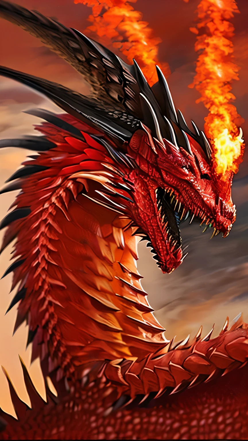 (anime style) (fantasy creature) (dragon) (wyrm) a red dragon (detailed sclaes) open his mouth with flame breathe and horror feelings.