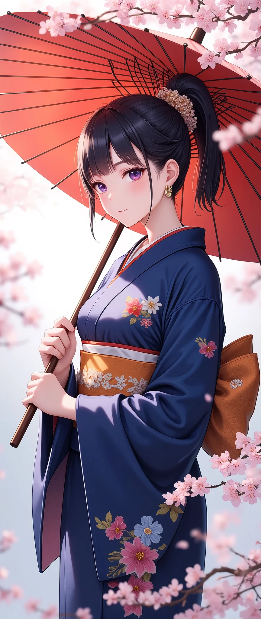 (masterpiece:1.2, high image quality, Mirror Finish , cinematic experience , best illustration :2.0, super detailed ),8k,16k,( wallpaper:2.0),Woman with Japanese Umbrella , Nishijin Textile Kimono , Japanese painting style, beautiful anime portrait, extra , Detailed Portraits of Anime Girls , Amazingly Beautiful Anime Portraits, BEAUTIFUL ANIME WOMEN , digital animated illustration, Anime Style Portrait , Extra art,Realistic, beautiful anime girl showing bare skin, Anime Style Digital Art , animated illustration, ponytail, Navy Blue Kimono,The background is a cherry blossom blizzard