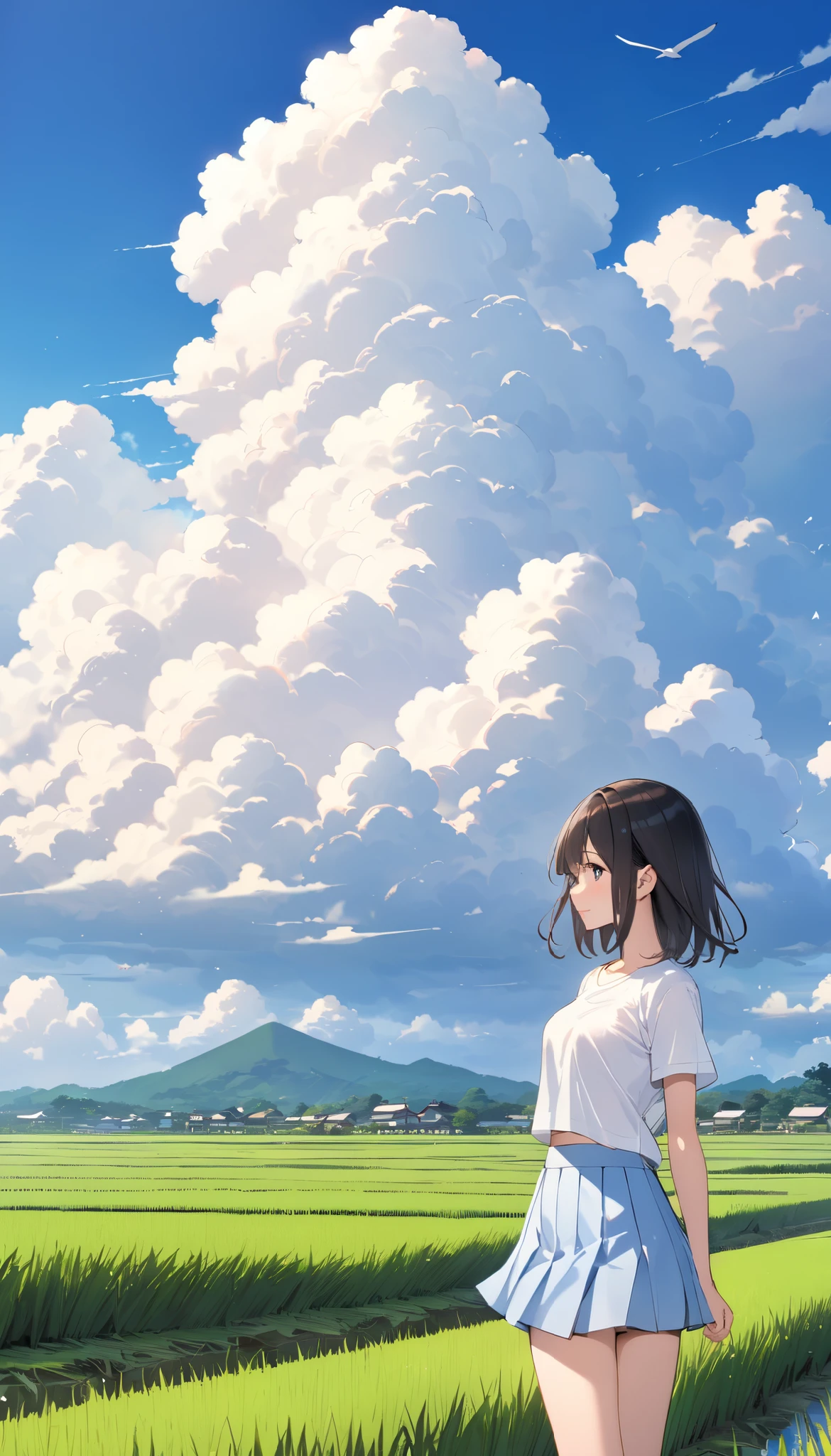  high school girl、 no bra、Short-sleeved plain shirt  、  light blue miniskirt 、  rice paddies extend to the horizon  、Clear sky and cumulonimbus clouds  