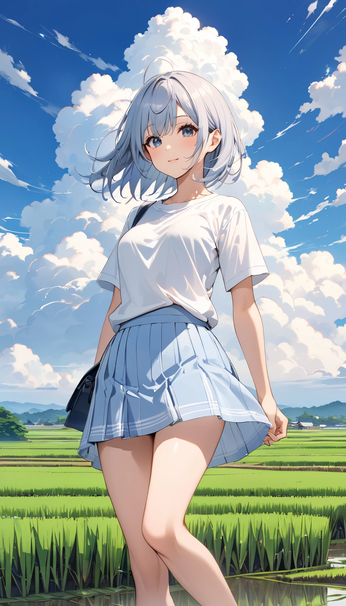  high school girl、 no bra、Short-sleeved plain shirt  、  light blue miniskirt 、  rice paddies extend to the horizon  、Clear sky and cumulonimbus clouds  