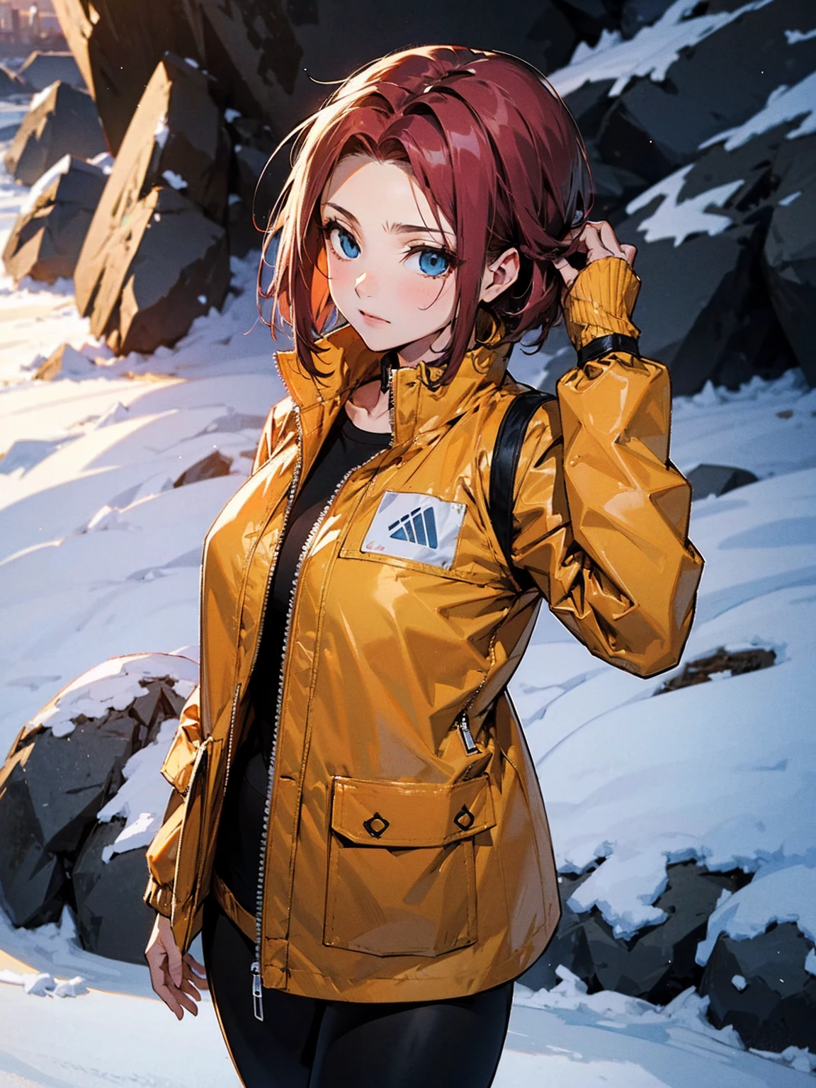  Karen Kouzki、masterpiece, top quality 、 super high image quality、Exquisite depiction、Detailed texture expression、 best quality, masterpiece,  high res, 、 standing, Blue Eyes, ,black winter mountaineering jacket、 shorts、leggings、Outdoor
