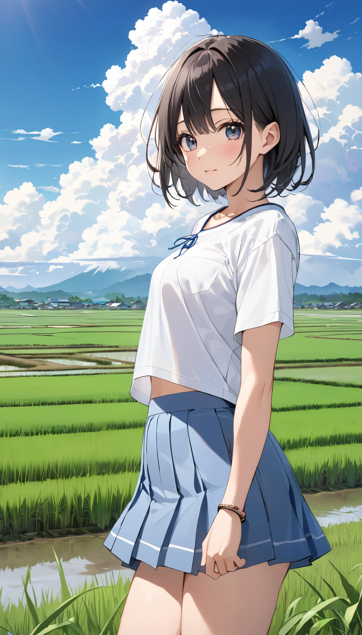  high school girl、 no bra、Short-sleeved plain shirt  、  light blue miniskirt 、  rice paddies extend to the horizon  、Clear sky and cumulonimbus clouds  