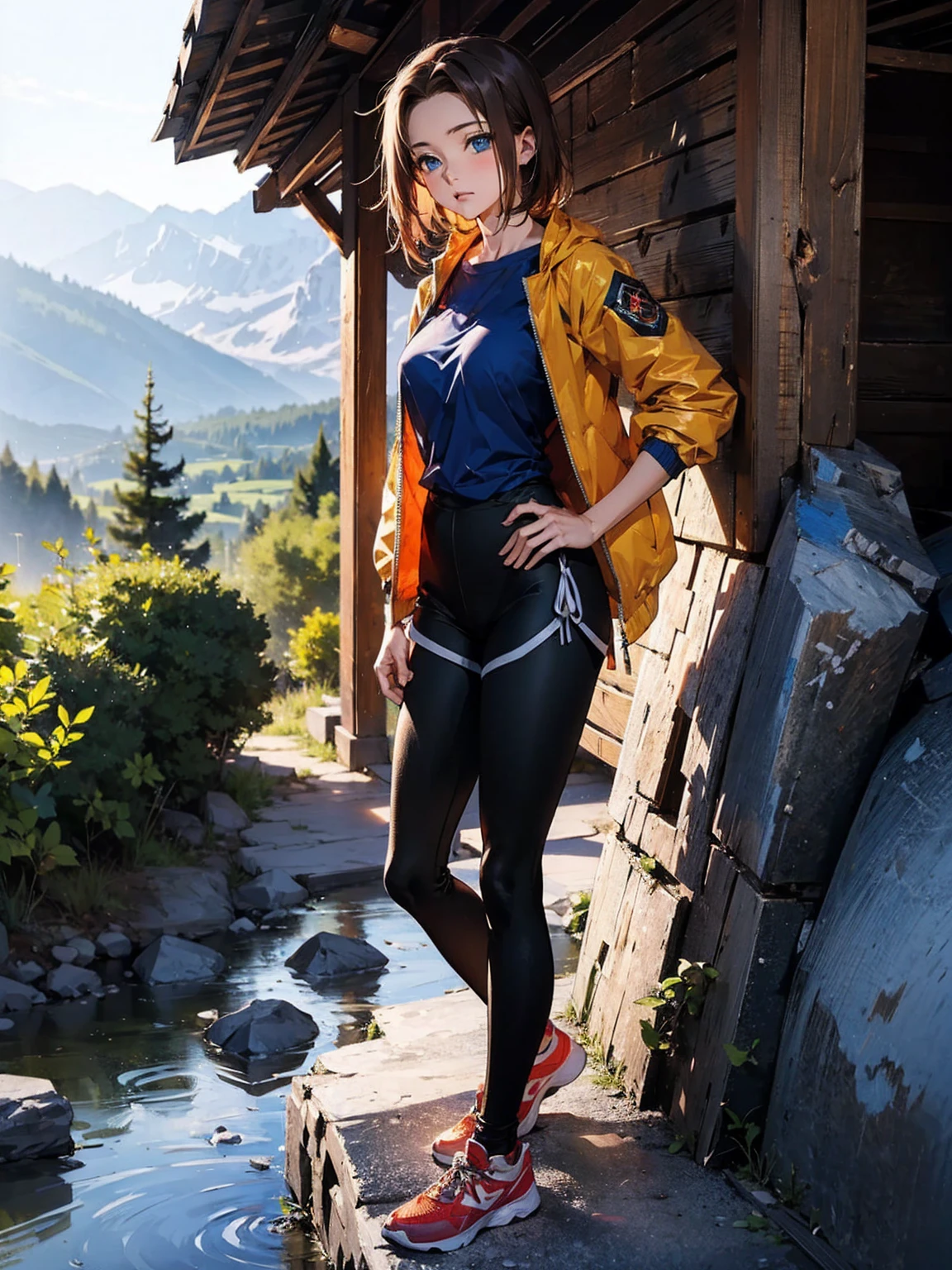  Karen Kouzki、masterpiece, top quality 、 super high image quality、Exquisite depiction、Detailed texture expression、 best quality, masterpiece,  high res, 、 standing, Blue Eyes, ,black mountaineering jacket、 shorts、leggings、Outdoor
