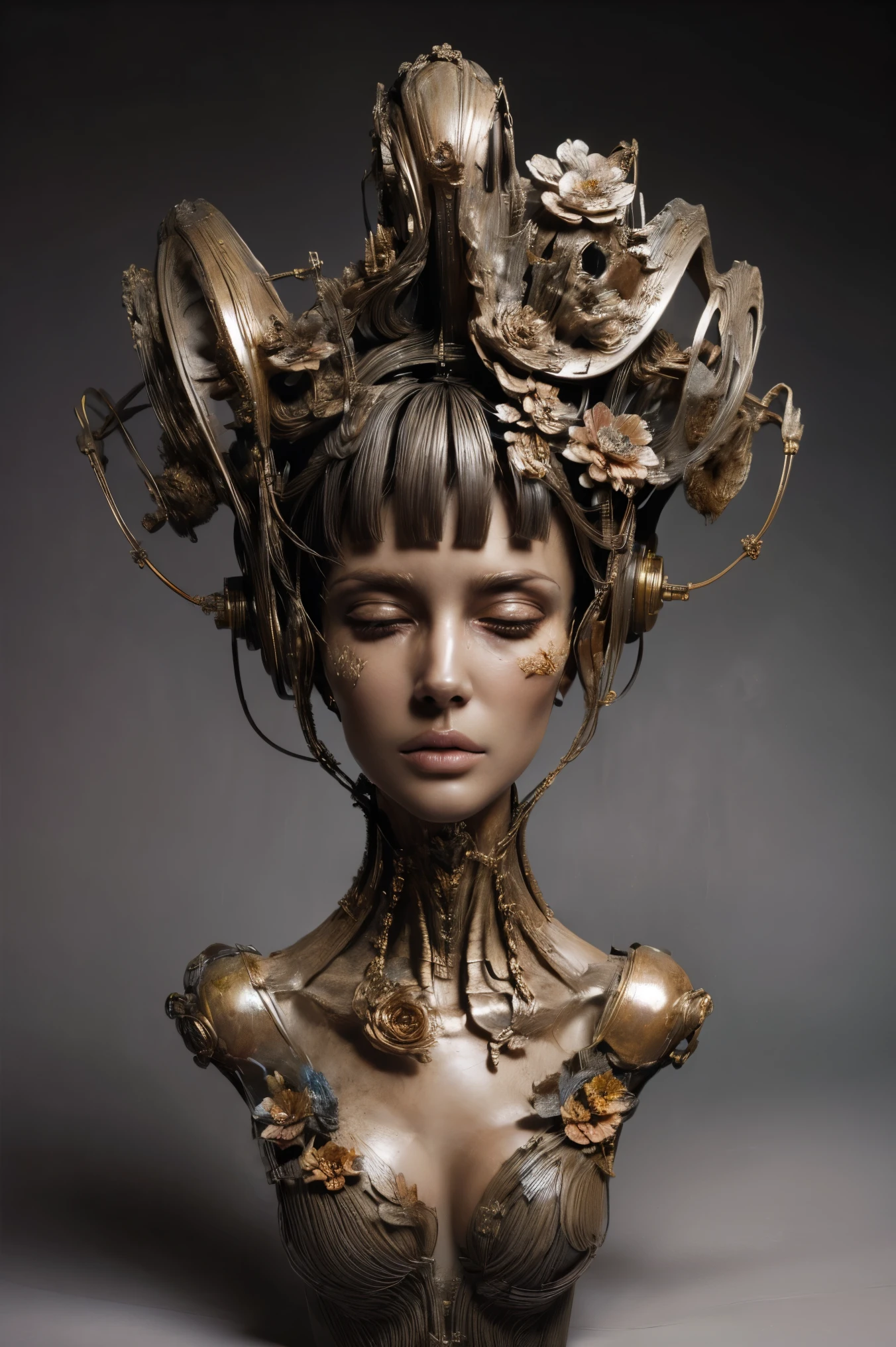 (masterpeace), ((super real photography: 1.5)), ((photo realistic: 1.3)), (real photo),
young girl with a lot of flowers, ((A young girl robot: 1.5)), (bust statue),
BREAK
headgear, ((real metalic skin)), ((beautiful face: 1.5)), ((Super cute: 1.5)), ((babyface: 1.5)), ((well-balanced face)), (close eyes: 1.3)), longeyelashes, stunning big eyes, luscious glossy lips, ((blunt bangs: 1.5)), (long hair),
BREAK
(slender body: 1.3), petite bust, flower bloom, (flowers: 1.5),
BREAK
High-Mechanic body, octane rendering, Super Detailed machine, ((connected electric cables)),
BREAK
(simple background: 1.3), ((bust shot: 1.3)), cinema quality, professional photograph, (photo studio: 1.5), (Bright Light: 1.2), Eye-Level Shot, wide lens, (fujifilm 35mm), (film photo), RAW, Excessive Embellishment, UHD,
BREAK
anatomically correct, textured skin, best quality, 8k