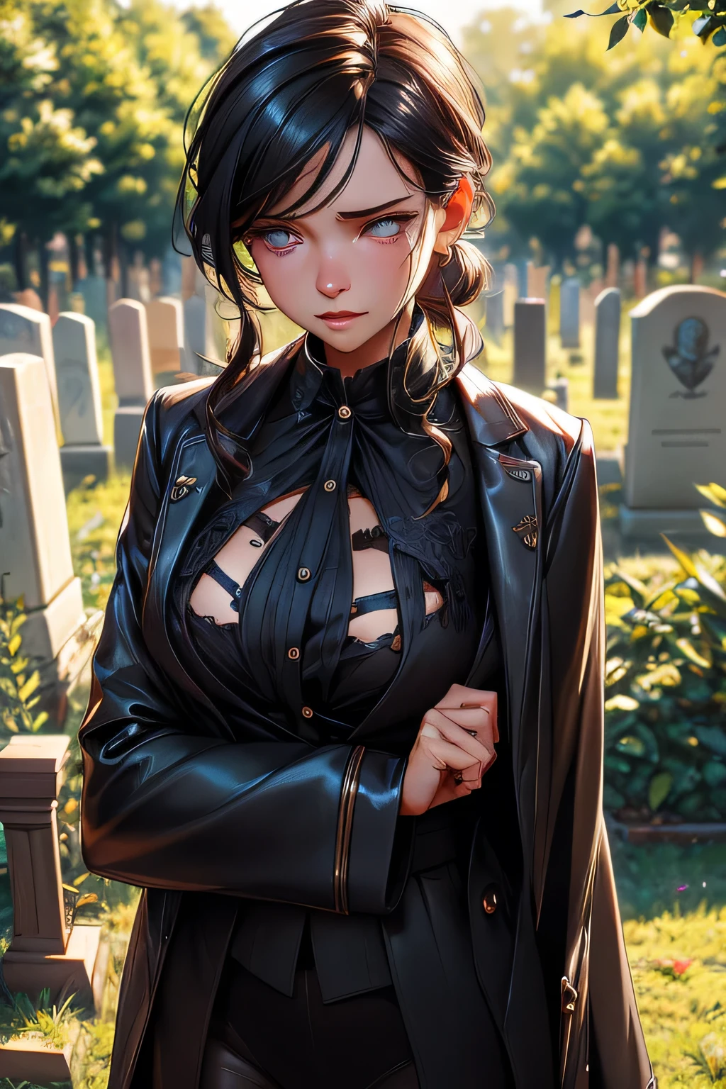 view from the side . Funeral . cemetery ,fresh grave . sits on her knees Beautiful girl . Height 170 cm . black hair . 26 years old . Size 3 breasts . violet eyes. She is wearing a black three-piece funeral suit . She's crying . Tears are flowing . She's hysterical She lost a loved one . blurred mascara . Sad people are standing and looking at her . They sympathize with her but can't do anything .