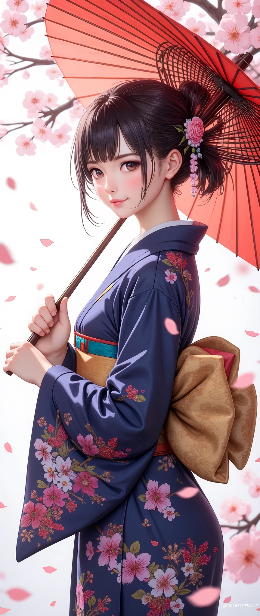 Woman with Japanese Umbrella , Nishijin Textile Kimono , Japanese painting style, beautiful anime portrait, extra , Detailed Portraits of Anime Girls , Amazingly Beautiful Anime Portraits, BEAUTIFUL ANIME WOMEN , digital animated illustration, Anime Style Portrait , Extra art,Realistic, beautiful anime girl showing bare skin, Anime Style Digital Art , animated illustration, ponytail, Navy Blue Kimono,The background is a cherry blossom blizzard