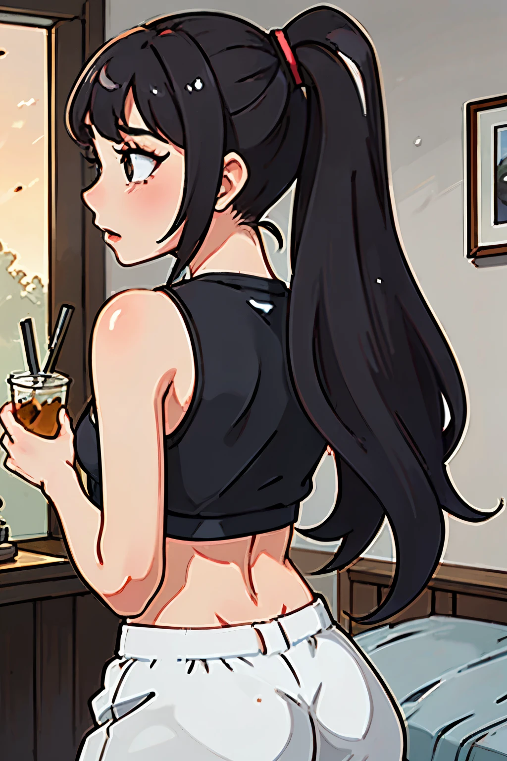 irl, seductive, in bedroom, dark lighting, in sports bra (black), pony tail, mature, Yor Forger, brown hair, pyjamas, dark bedroom, comfortable, hot, flirty, chaewon, eunchae, haerin, sakura kpop, kazuha, adult drinking ice boba milk tea, Japanese, booty shorts, big cleavage, modern room