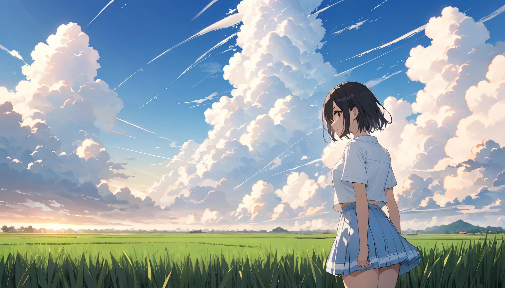  high school girl、 no bra、Short-sleeved plain shirt  、  light blue miniskirt 、  rice paddies extend to the horizon  、Clear sky and cumulonimbus clouds  