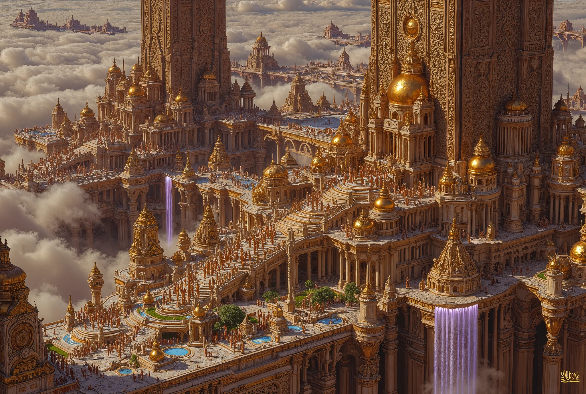 A magnificent, flying city inspired by ancient Indian architecture, soaring gracefully above the clouds. The city blends ancient Indian design with modern steampunk engineering, featuring towering gopurams adorned with intricate carvings of deities, mythical creatures, and elaborate floral patterns. Golden domes, spires, and sandstone facades shine with divine brilliance, while massive, glowing anti-gravity engines and brass-steampunk mechanisms keep the city afloat.

The city is a paradise of cascading waterfalls, lush gardens, and flowing water channels, with aqueducts and reservoirs seamlessly integrated into the design. Suspended mechanical bridges and rotating platforms enhance the futuristic aesthetic, while streams of water glisten in the sunlight, creating a serene, oasis-like environment.

Surrounding the city are enormous ancient Indian magical vimanas (warcrafts) hovering protectively. These warcrafts are ornately decorated with detailed carvings and glowing mystical energy, blending traditional craftsmanship with futuristic weaponry. The skies are painted with hues of gold, purple, and crimson as the city navigates through the heavens.

The scene exudes a sense of divine grandeur, merging the innovation of modern engineering with the timeless elegance and mystical power of ancient Indian heritage. The atmosphere is epic and otherworldly, showcasing a celestial realm of unparalleled beauty and protection.
