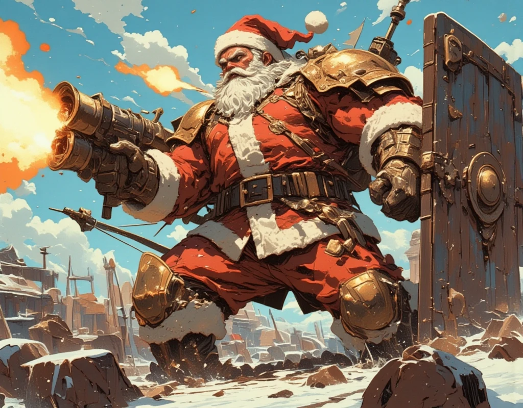 ((UHD, retina, masterpiece:1.2, anatomically correct, good anatomy:1.3, textured skin, super detail, high details, best quality, highres icon:1.3, 8k)), Strong Body Santa Claus , Beard Flickering Like Fire , An Aura Bursting Out of Their Eyes , Muscles are pushing up Santa clothes, Thick Muscular Arms , Santa Claus is looking left and shooting a gun, Santa Claus is holding and firing a long barrel cannon, long barrel:1.5, The shield is stuck into the ground:1.4, Square Rectangular Shield:1.5, The barrel is placed on top of the shield and fixed in place:1.4, Dramatic:1.1, Dynamic Paintbrush, from below:1.2, Vision:1.1