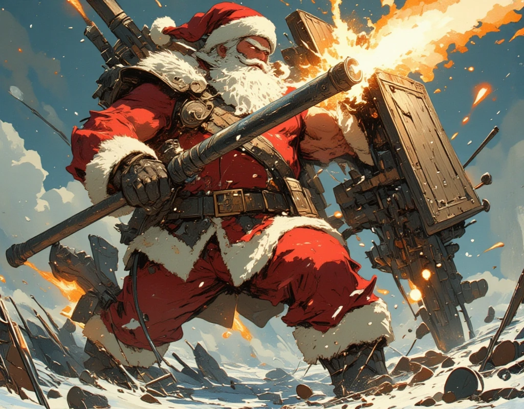 ((UHD, retina, masterpiece:1.2, anatomically correct, good anatomy:1.3, textured skin, super detail, high details, best quality, highres icon:1.3, 8k)), Strong Body Santa Claus , Beard Flickering Like Fire , An Aura Bursting Out of Their Eyes , Muscles are pushing up Santa clothes, Thick Muscular Arms , Santa Claus is looking left and shooting a gun, Santa Claus is holding and firing a long barrel cannon, long barrel:1.5, The shield is stuck into the ground:1.4, The barrel is placed on top of the shield and fixed in place:1.4, Dramatic:1.1, Dynamic Paintbrush, from below:1.2, Vision:1.1