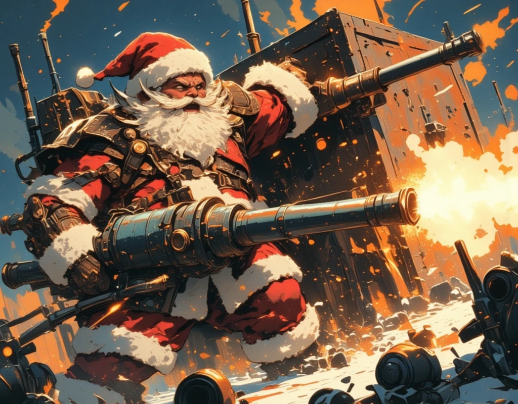 ((UHD, retina, masterpiece:1.2, anatomically correct, good anatomy:1.3, textured skin, super detail, high details, best quality, highres icon:1.3, 8k)), Strong Body Santa Claus , Beard Flickering Like Fire , An Aura Bursting Out of Their Eyes , Muscles are pushing up Santa clothes, Thick Muscular Arms , Santa Claus is looking left and shooting a gun, Santa Claus is holding and firing a long barrel cannon, long barrel:1.5, The shield is stuck into the ground:1.4, The barrel is placed on top of the shield and fixed in place:1.4, Dramatic:1.1, Dynamic Paintbrush, from below:1.2, Vision:1.1