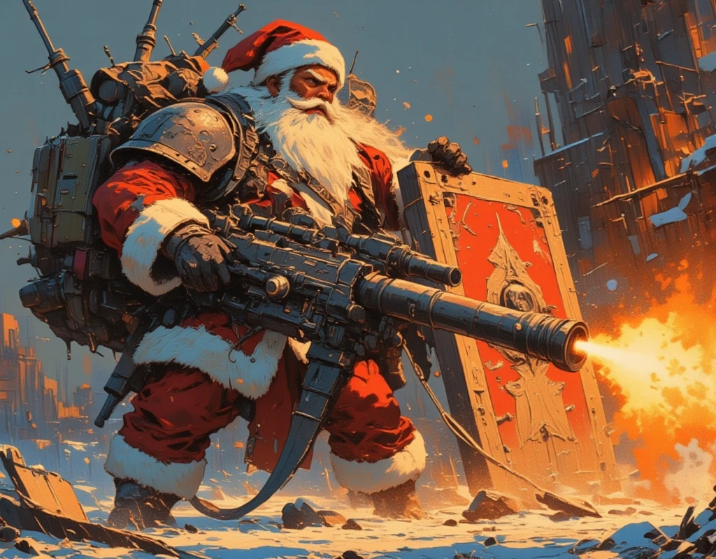 ((UHD, retina, masterpiece:1.2, anatomically correct, good anatomy:1.3, textured skin, super detail, high details, best quality, highres icon:1.3, 8k)), Strong Body Santa Claus , Beard Flickering Like Fire , An Aura Bursting Out of Their Eyes , Muscles are pushing up Santa clothes, Thick Muscular Arms , Santa Claus is looking left and shooting a gun, Santa Claus is holding and firing a long barrel cannon, long barrel:1.5, The shield is stuck into the ground:1.4, The barrel is placed on top of the shield and fixed in place:1.4, Dramatic:1.1, Dynamic Paintbrush, from below:1.2, Vision:1.1