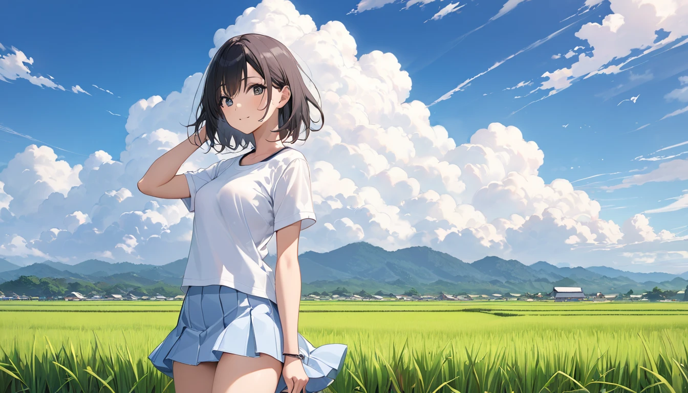 High school girl showing her whole body、 no bra、Short-sleeved plain shirt  、  light blue miniskirt 、  rice paddies extend to the horizon  、Clear sky and cumulonimbus clouds  