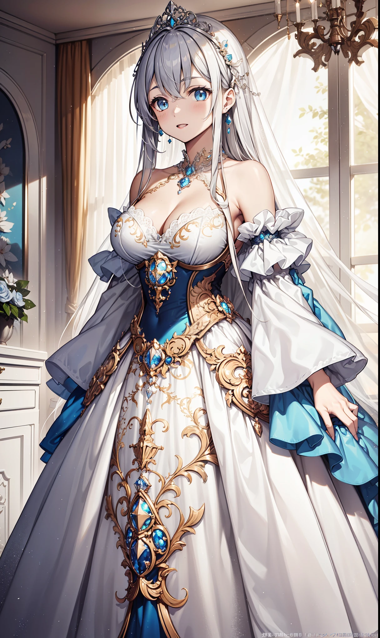 (masterpiece, best quality,extremely detailed,moe anime art style:1.2),1girl, (solo), cute, kawaii,digital art,((1 bling-bling anime princess wearing beautiful embroidery and jeweled gorgeous princess ballgown with voluminous full length hoop skirt)),((crinoline)),long train,voluminous frills,(gorgeous embroidery and beautiful lace),(very gigantic boobs,cleavage,skindentation),((shiny hair,absurdly voluminous straight hair,absurdly Long Hair)),((finely detailed face and eyes)),clear pupil,(bling-bling gorgeousfull jeweled big tiara),((bling-bling gorgeous gemstone jewelry)),long veil,((in beautiful luxury palace)),flowers,flower petals flowing,((looking away)),((beautiful embroidery and jeweled gorgeous princess ballgown with voluminous full length hoop skirt))