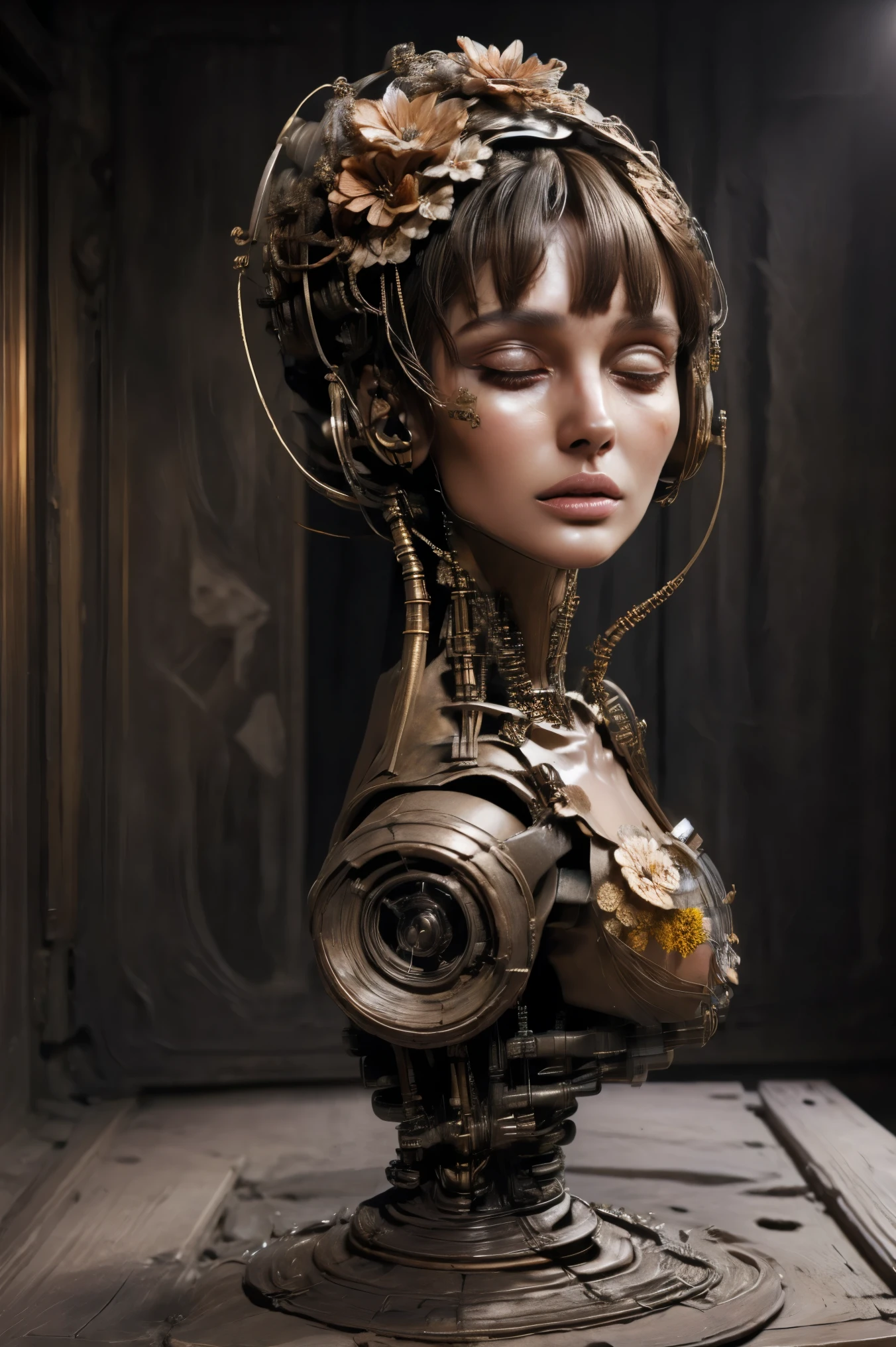 (masterpeace), ((super real photography: 1.5)), ((photo realistic: 1.3)), (real photo),
young girl with a lot of flowers, ((A young girl robot: 1.5)), (bust statue),
BREAK
headgear, ((real metalic skin)), ((beautiful face: 1.5)), ((Super cute: 1.5)), ((babyface: 1.5)), ((well-balanced face)), (close eyes: 1.3)), longeyelashes, stunning big eyes, luscious glossy lips, ((blunt bangs: 1.5)), (long hair),
BREAK
(slender body: 1.3), petite bust, flower bloom, (flowers: 1.5),
BREAK
High-Mechanic body, octane rendering, Super Detailed machine, ((connected electric cables)),
BREAK
(simple background: 1.3), ((bust shot: 1.3)), cinema quality, professional photograph, (photo studio: 1.5), (Bright Light: 1.2), Eye-Level Shot, wide lens, (fujifilm 35mm), (film photo), RAW, Excessive Embellishment, UHD,
BREAK
anatomically correct, textured skin, best quality, 8k