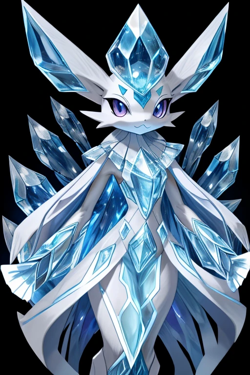  Pokémon、femaleの Pokémon、female、伝説の Pokémon、 Ice Ghost Type 、Noble and mysterious figure 、 A design that exudes elegance and creepiness at the same time 、 } A transparent body with a slim, flowing look with a shine that looks like it was made of ice 、 The body is soft and has a pattern like ice crystals 、 Movements are supple and light like ghosts 、 The body color is pale and represents the color of cold ice 、 Light Purple Silver Shades 、Elegant and mysterious、 The surface of the body shines beautifully when exposed to light 、 Eyes Are Clear Blue 、The head of a deep mystery is decorated like an ice crystal、Mysterious pattern on the forehead、Designed by Sugimori Ken、Showing the whole body、front