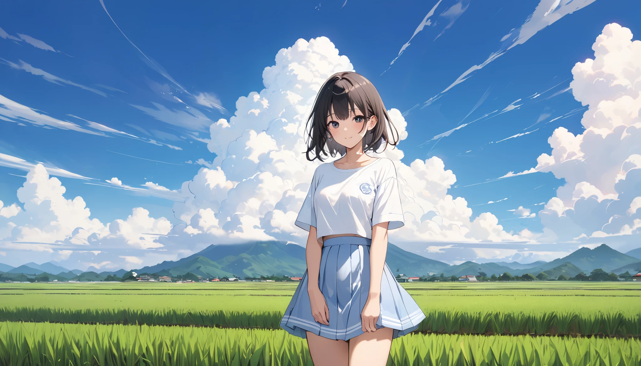 High school girl showing her whole body、 no bra、Short-sleeved plain shirt  、  light blue miniskirt 、  rice paddies extend to the horizon  、Clear sky and cumulonimbus clouds  