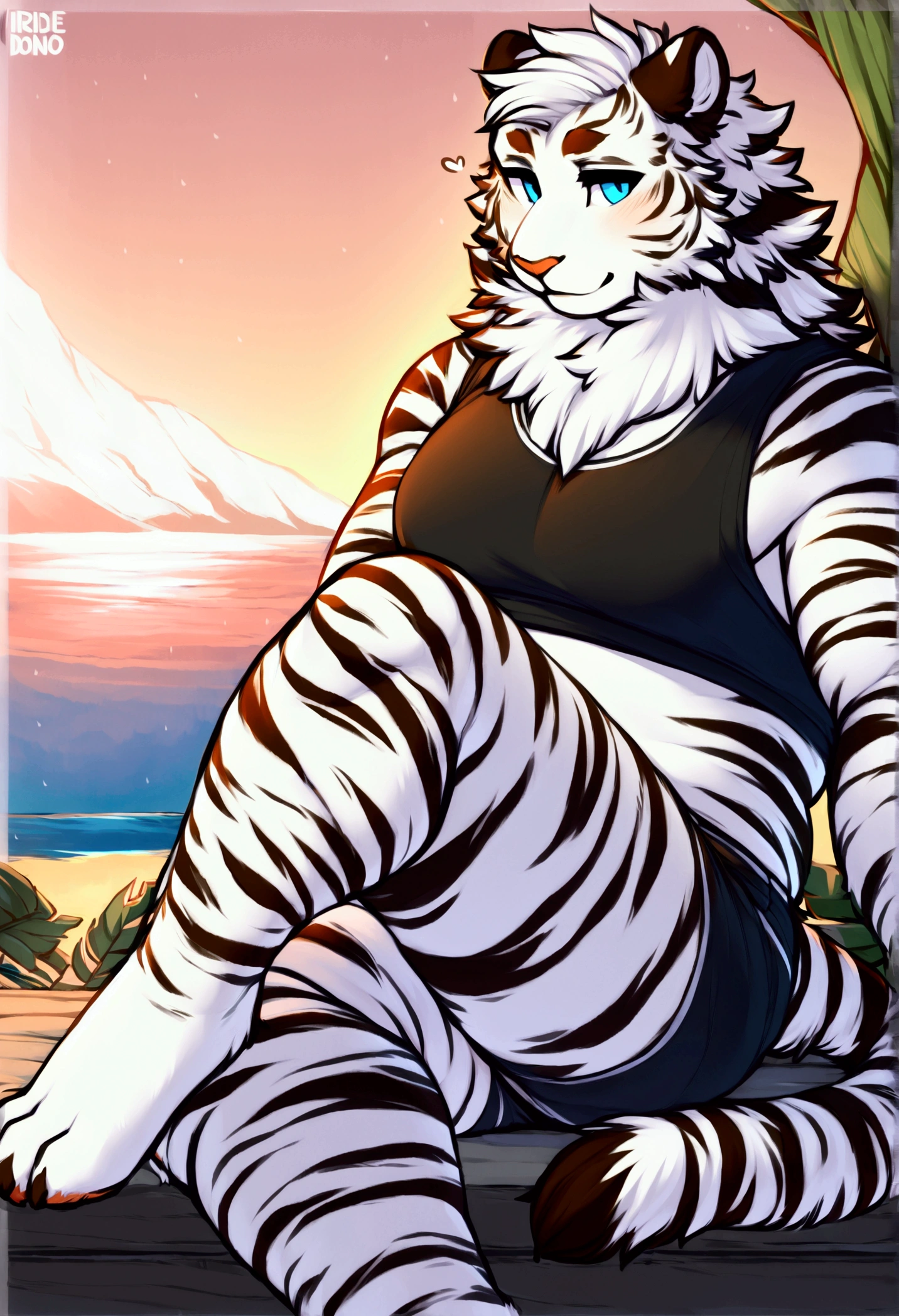 (top quality, best quality, Iriedono, High-quality illustrations, masterpiece, perfect artwork, cinematic light and shading, 16k, 1080p, uploaded on e621)(kemono, furry, anthro, alone), 1 larger male, (very detailed body, face, tail, arms, hands, legs, head and eyes), white tiger, Mountain, (Arknights), thick thighs, sligtly chubby body, white fur, fluffy, white tiger ears, white tiger fluffy tail, perfect eyes, blue eyes, beautiful sport crop top, beautiful sport boxers, beautiful night on island, body movement, body twitching, jiggle physics, small smile, being proud to be sligtly chubby, flirting with viewer, looking at viewer