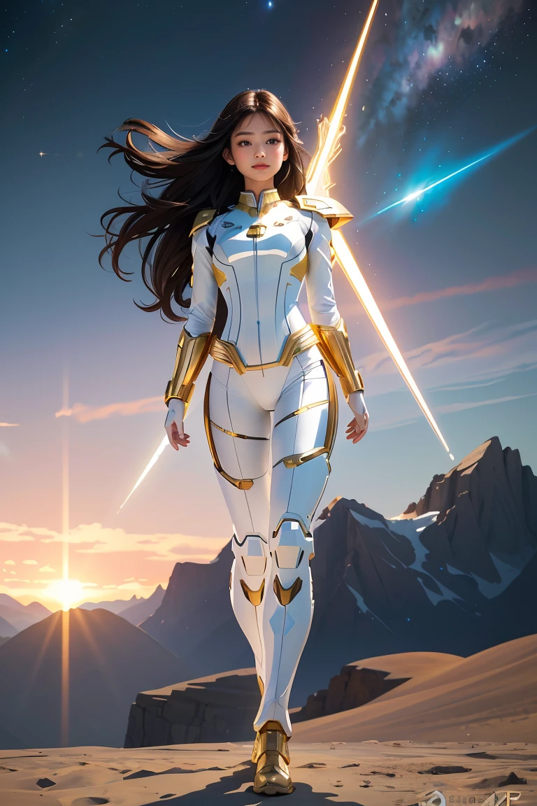 ((masterpiece, best quality, extremely detailed), volumetric lighting, ambient occlusion, colorful, glowing), 
1girl, solo, young girl, (dark hair), long hair, halo, aura, sacred, goddess, cleric suit, (white outfit with gold detailst:1.3), armor,
outdoors, sunset, sky, clouds, space, (fantasy theme:1.2),ม 1girl, full body, Illustration, cinematic light, high resolution, best quality, ultra-detailed, masterpiece, power suit, powerranger, suit, spd,