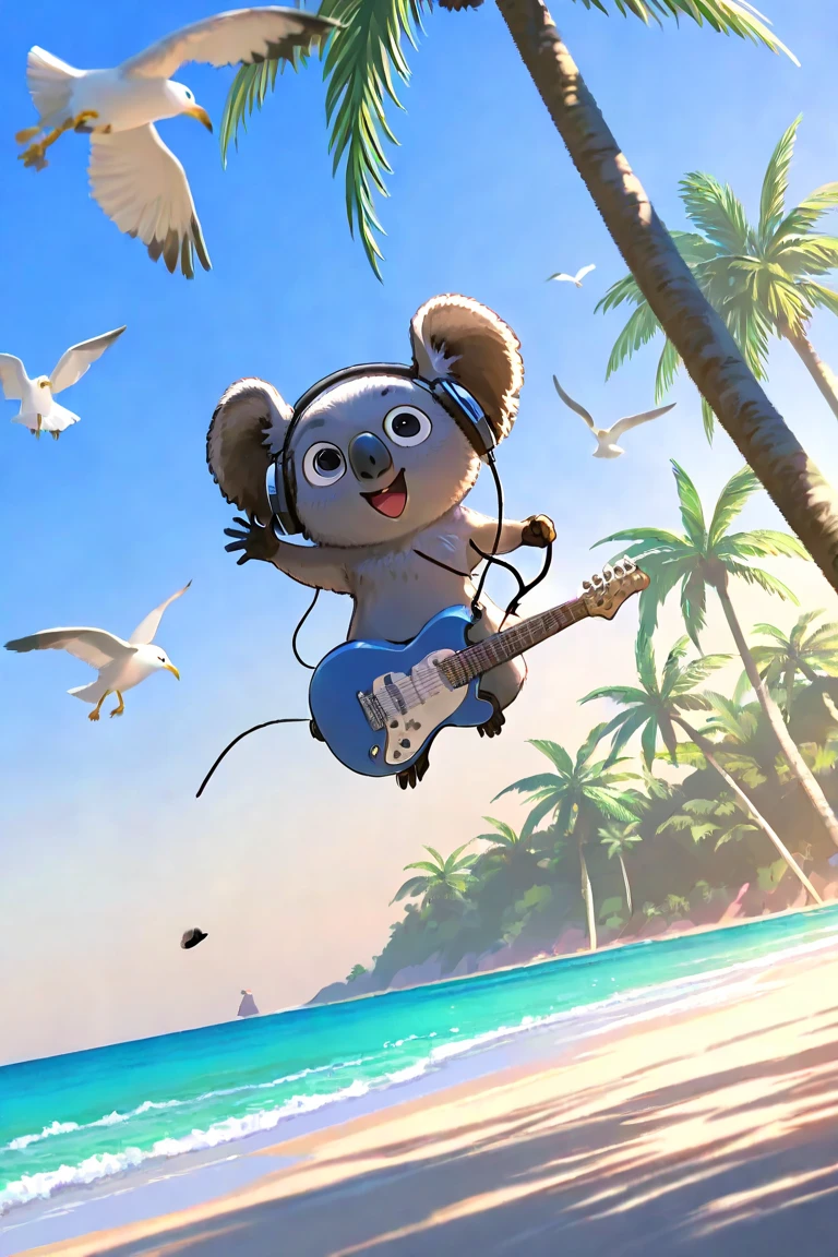  koala playing an electric guitar on the beach, with seagulls wearing headphones flying around it, and palm trees dancing to the music. The background is a bright sunset.”