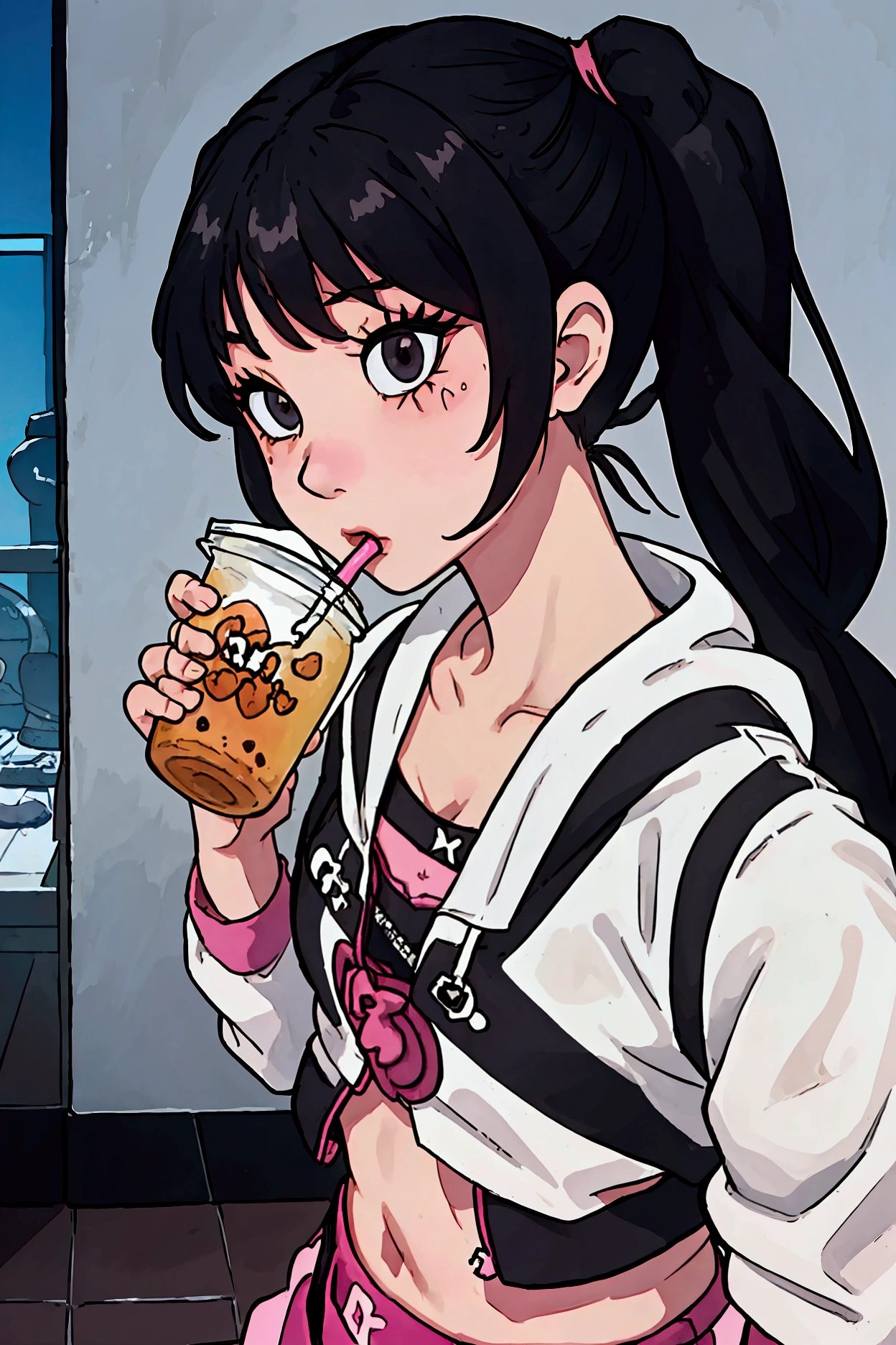 girl, seductive, in bedroom, dark lighting, in sports bra (black), pony tail, mature, Yor Forger, brown hair, pyjamas, dark bedroom, comfortable, hot, flirty, chaewon, eunchae, haerin, sakura kpop, kazuha, adult drinking ice boba milk tea, Japanese, booty shorts, cleavage, hoodie zip downed, modern room