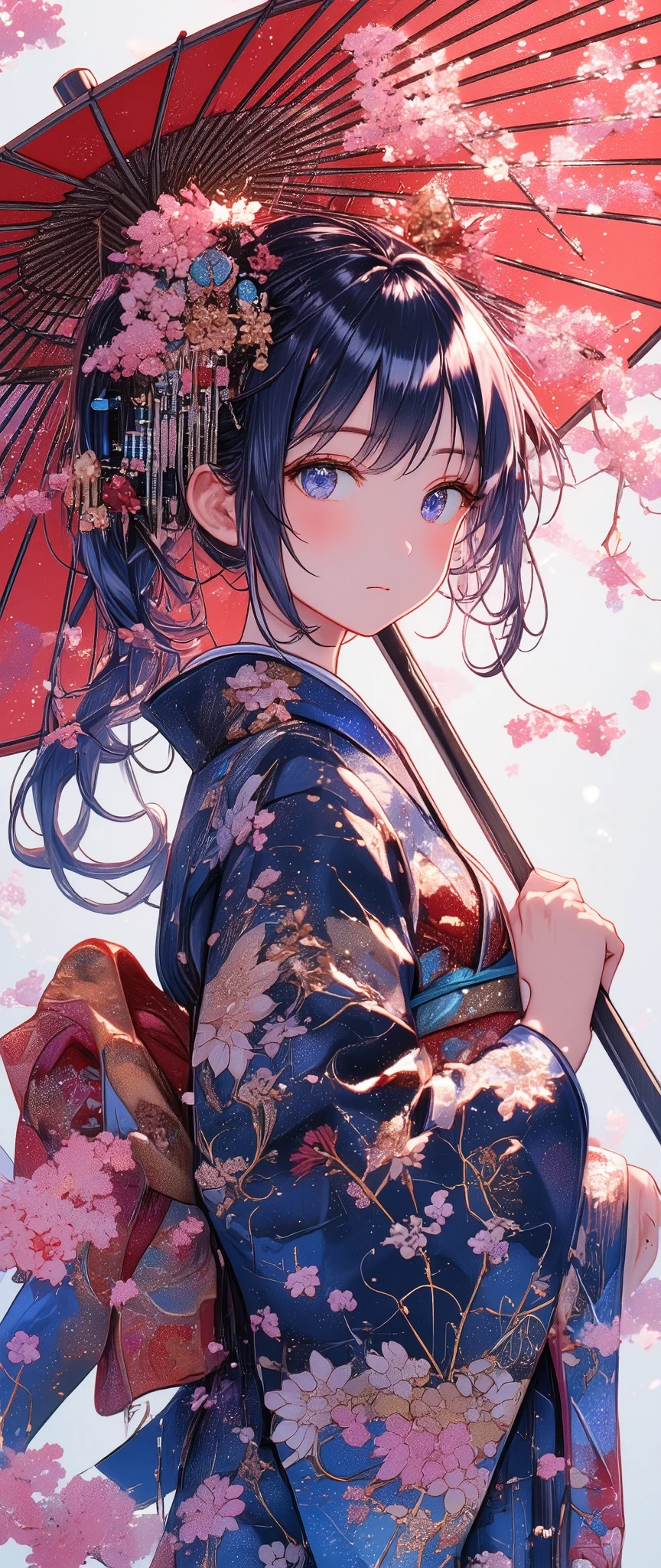 Woman with Japanese Umbrella , Nishijin Textile Kimono , Japanese painting style, beautiful anime portrait, extra , Detailed Portraits of Anime Girls , Amazingly Beautiful Anime Portraits, BEAUTIFUL ANIME WOMEN , digital animated illustration, Anime Style Portrait , Extra art,Realistic, beautiful anime girl showing bare skin, Anime Style Digital Art , animated illustration, ponytail, Navy Blue Kimono,The background is a cherry blossom blizzard