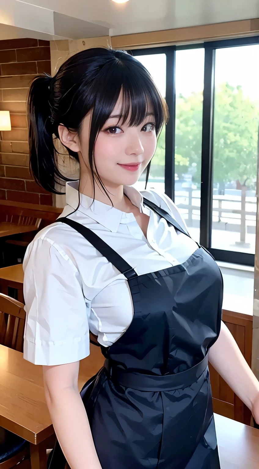 (Highest quality,masterpiece:1.3,Ultra-high resolution,),(Very detailed,Caustics),(Realistic:1.4,RAW shooting,)Ultra-Realistic Capture,Very detailed,High resolution 16K human skin closeup。 Natural skin texture、,pores、、、、It must be detailed enough to be easily identifiable。 Skin tone is even and healthy looking。 Use natural light and colour,restaurant,Waitress Uniform,1 girl,Japanese,18-year-old,cute,Black-haired,ponytail,Big Breasts,smile,Turn your body forward,(Front view:1.1),Looking into the camera,Cowboy Shot,