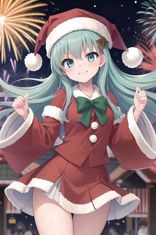 masterpiece,  top quality , super detailed , Suzuya Yukika ,  light blue hair,  Aqua Eyes,  long hair,   wide sleeve, , Santa hat,, mini skirt Santa 
, omatsuri, stall,  knight ,firework, Evil Smiles 