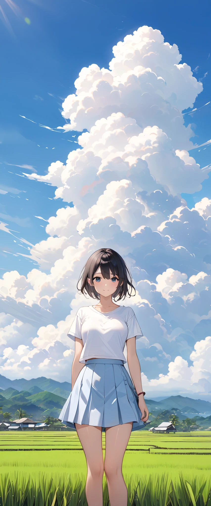 High school girl showing her whole body、 no bra、Short-sleeved plain shirt  、  light blue miniskirt 、  rice paddies extend to the horizon  、Clear sky and cumulonimbus clouds  