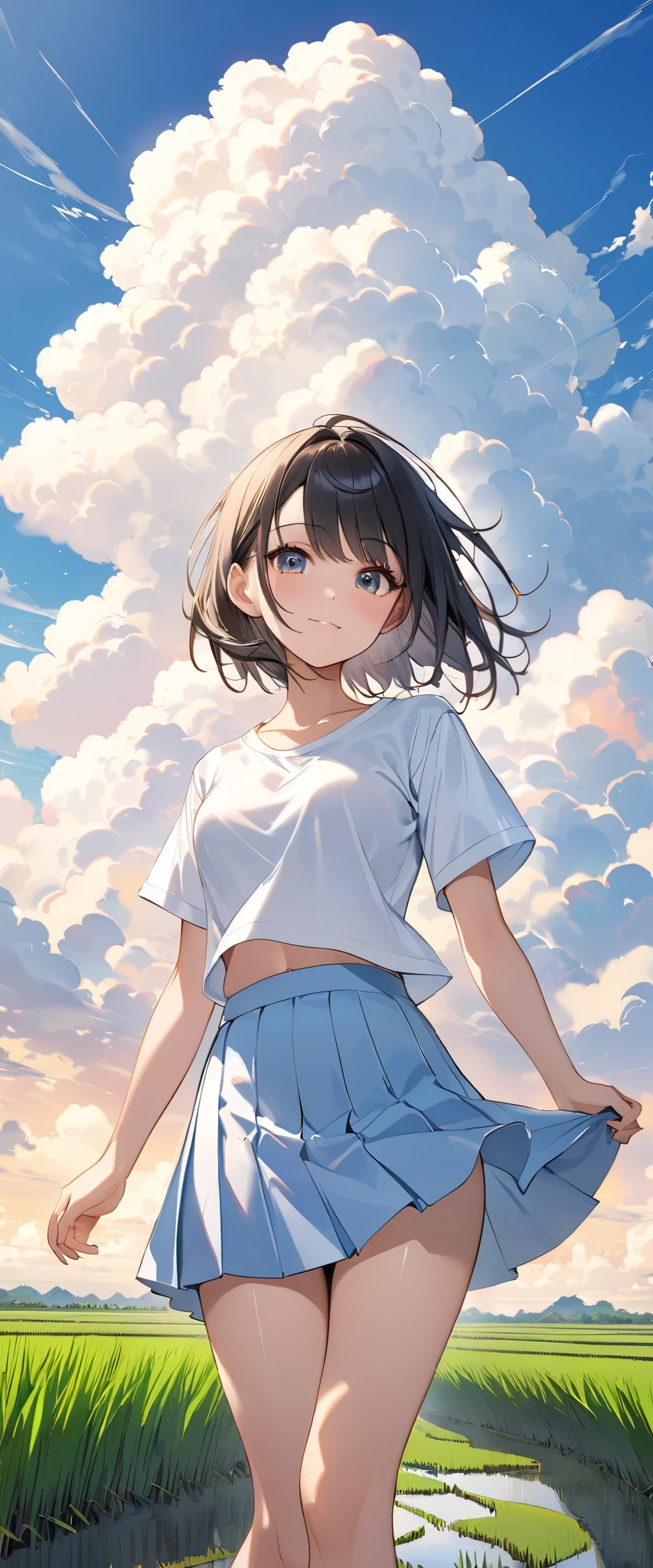 High school girl showing her whole body、 no bra、Short-sleeved plain shirt  、  light blue miniskirt 、  rice paddies extend to the horizon  、Clear sky and cumulonimbus clouds  