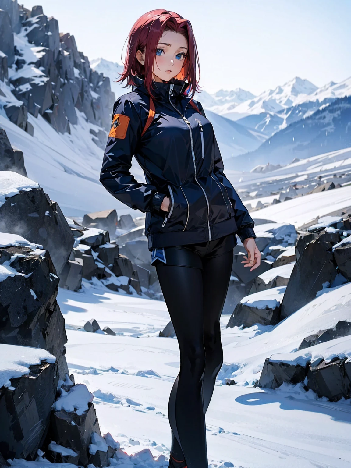  Karen Kouzki、masterpiece, top quality 、 super high image quality、Exquisite depiction、Detailed texture expression、 best quality, masterpiece,  high res, 、 standing, Blue Eyes, black winter jacket 、, black winter mountaineering jacket、 shorts、leggings、Outdoor
