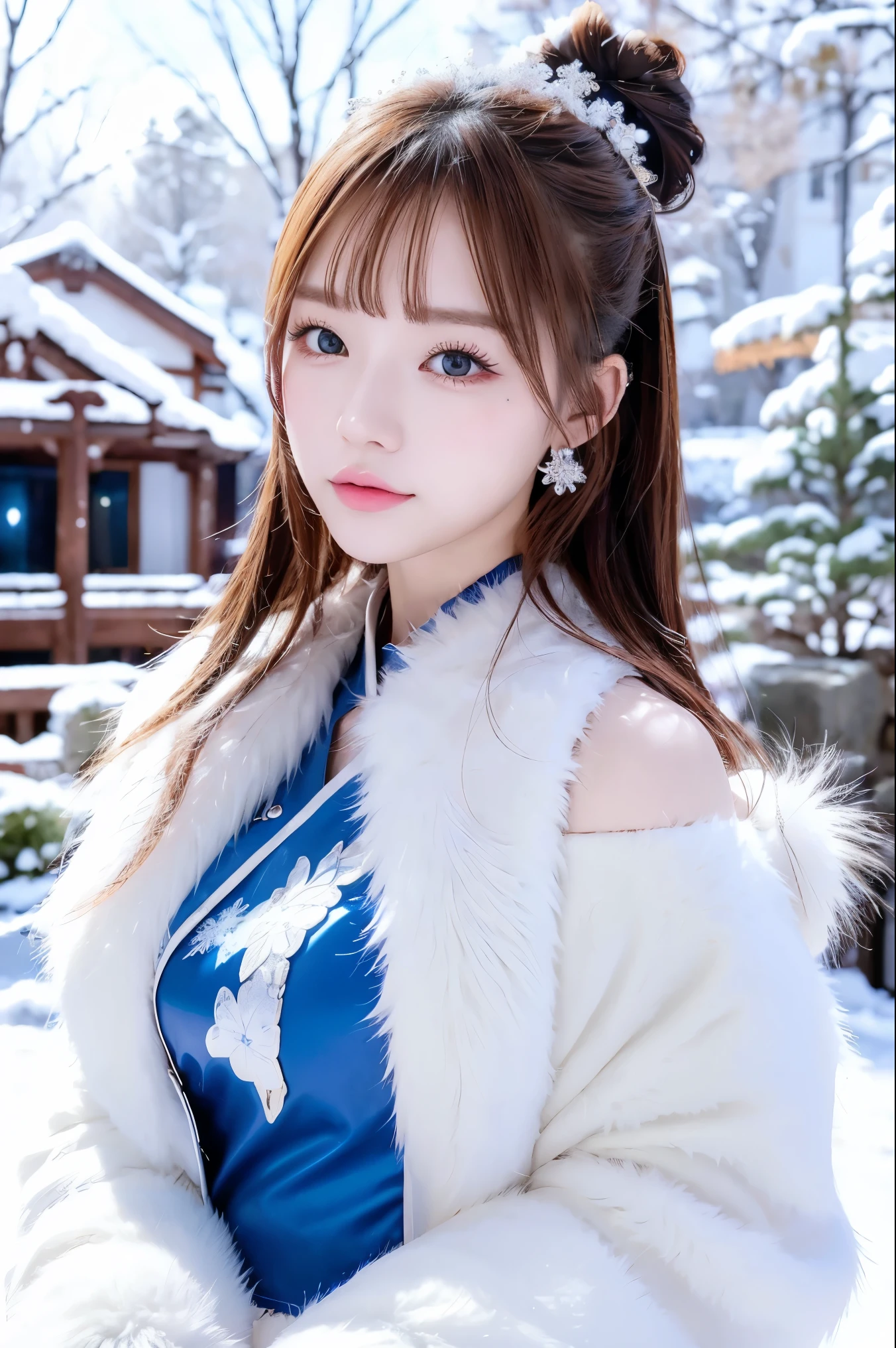 image of a highly stylized Japan girl character, possibly inspired by real aesthetics. The character is wearing an intricate, revealing outfit with icy blue and white colors, adorned with snowflake patterns and fur trims. The background features a snowy landscape with a house in the distance, and the character's appearance is enhanced with flawless makeup and a detailed hairstyle, resembling a winter-themed fantasy.
