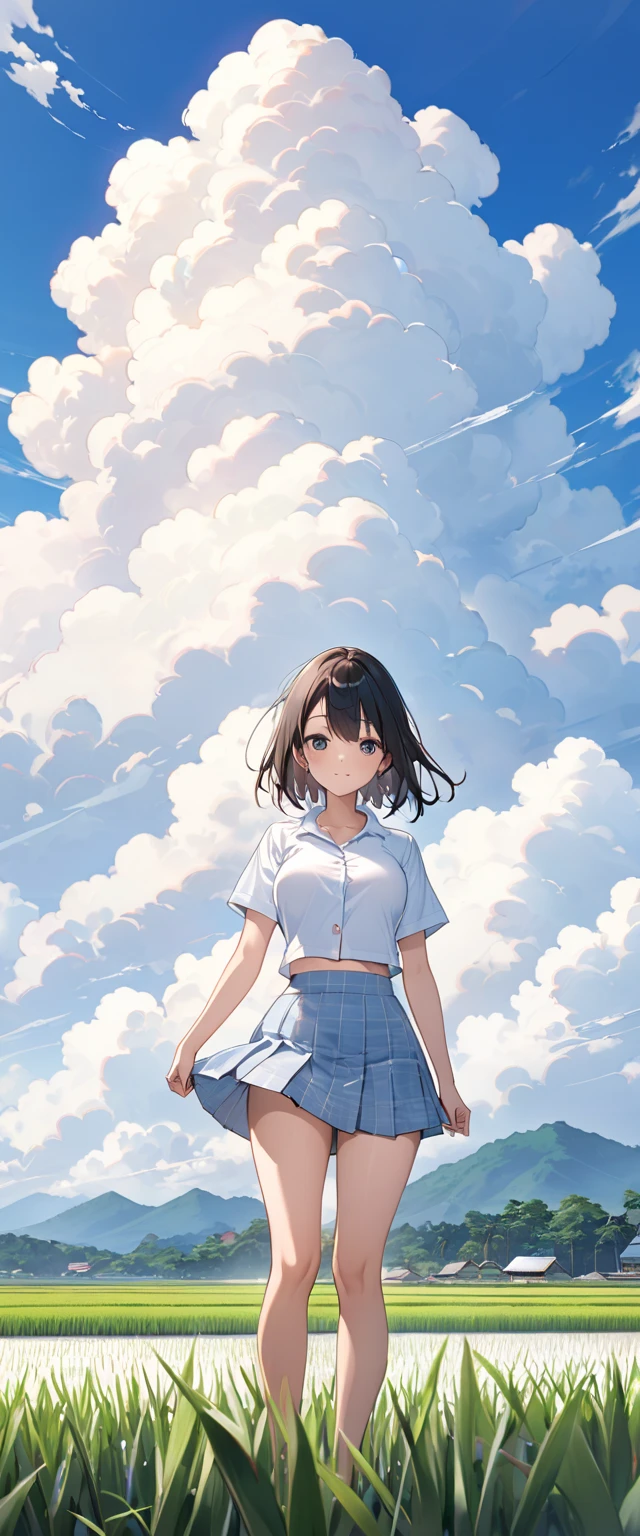 High school girl showing her whole body、 no bra、Her breasts are visible、Short-sleeved plain shirt  、  light blue miniskirt 、  rice paddies extend to the horizon  、Clear sky and cumulonimbus clouds  