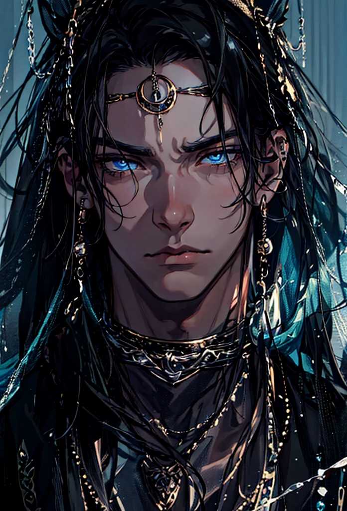 Male, long black hair, egyptian accesories along his body, skinny, violet eyes, genshin style, from shoulders up.