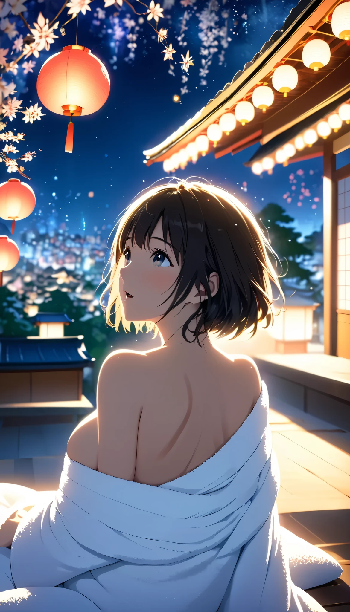 masterpiece,  high res,  illustration,  Kyoto animation style, movie style: your name,  night , mid night , Gentle Light, Fascinating Light, (1 female: 1.3), (Alone: 1.4),  has long eyelashes,  short bob, nose_, open_mouth, futon,  nudity,  , towel, Kirarhythm, dynamic perspective, perspective, Bokeh, Depth_of_Field, from_ Down