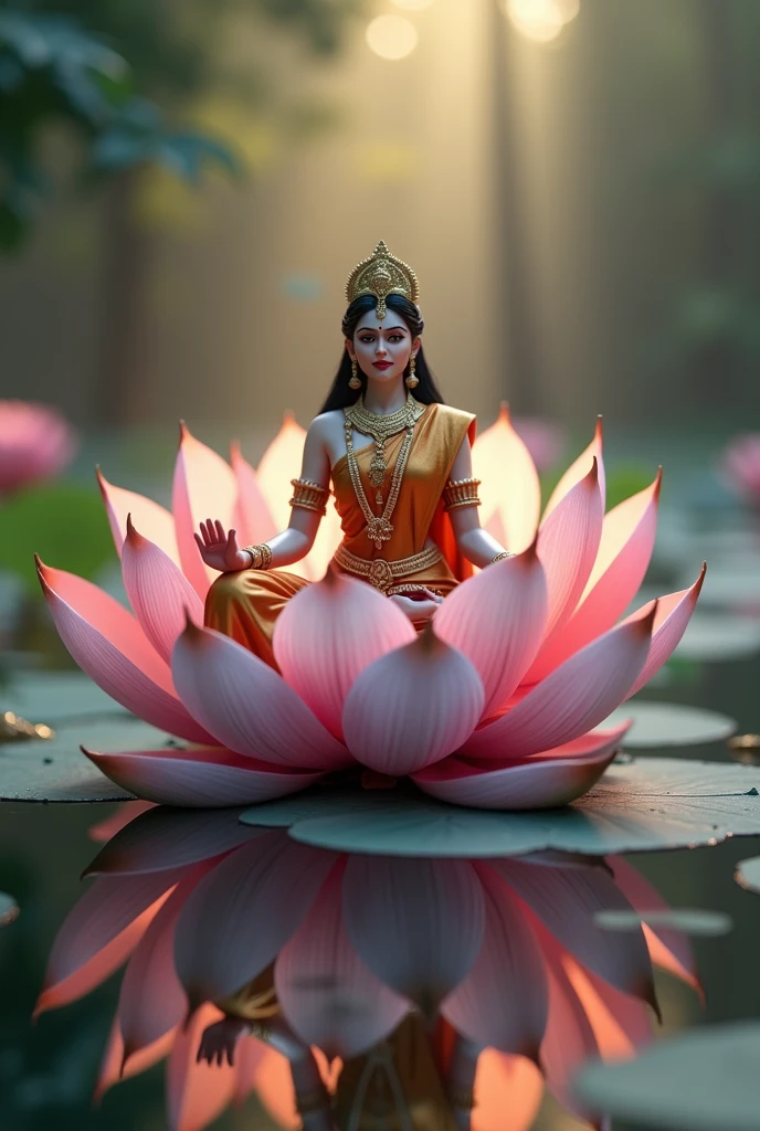 In the void, There is a beautiful virgin sitting leisurely in the lotus，Five-color sky，Perfect body posture，Delicate and radiant skin，(((White clothes)))，(((Gold skirt)))，(((White pants)))，Barefoot，（Long curved eyebrows），Beautiful eyes sparkle，The large, Jewel-like eyes sparkle，Clear pupils have reflected light，二重まぶた，Lying silkworm，looks into camera，（（Plump and rosy lips）） Clearly visible，（（Flushed cheeks）），The mandible is plump，Green skin is delicate and smooth，Delicate skin translucent，A delicate and dexterous crown，inlaid gemstones，Delicate and skillfully set gemstones，Perfectly designed jewelry is exquisite，Beautiful eyes looking directly at the camera，（（Pinch the stem of the lotus flower with one hand）），(((nice hand)))，（（（（Good feet））），（（（good legs））），medium boob，（（Correct body structure）），Golden costume，decorated in white，Blue sky，Head background with round light，Behind him is a colorful rainbow circle，Color glow is turned on，Front lighting，Positive light，No shadows on the face，There are no shadows on the body，Blue sky，Unreal space，ethereal world，dreamworld，with blue sky and white clouds，Extremely fine，perfect pubic，tmasterpiece，4K，ultra-definition，of a real，Realistic，professional photoshooting，Standard lens shooting，