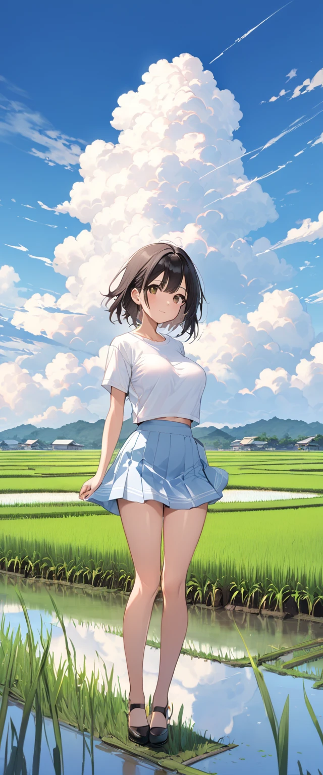 High school girl showing her whole body、 no bra、Her breasts are visible、Short-sleeved plain shirt  、  light blue miniskirt 、  rice paddies extend to the horizon  、Clear sky and cumulonimbus clouds  