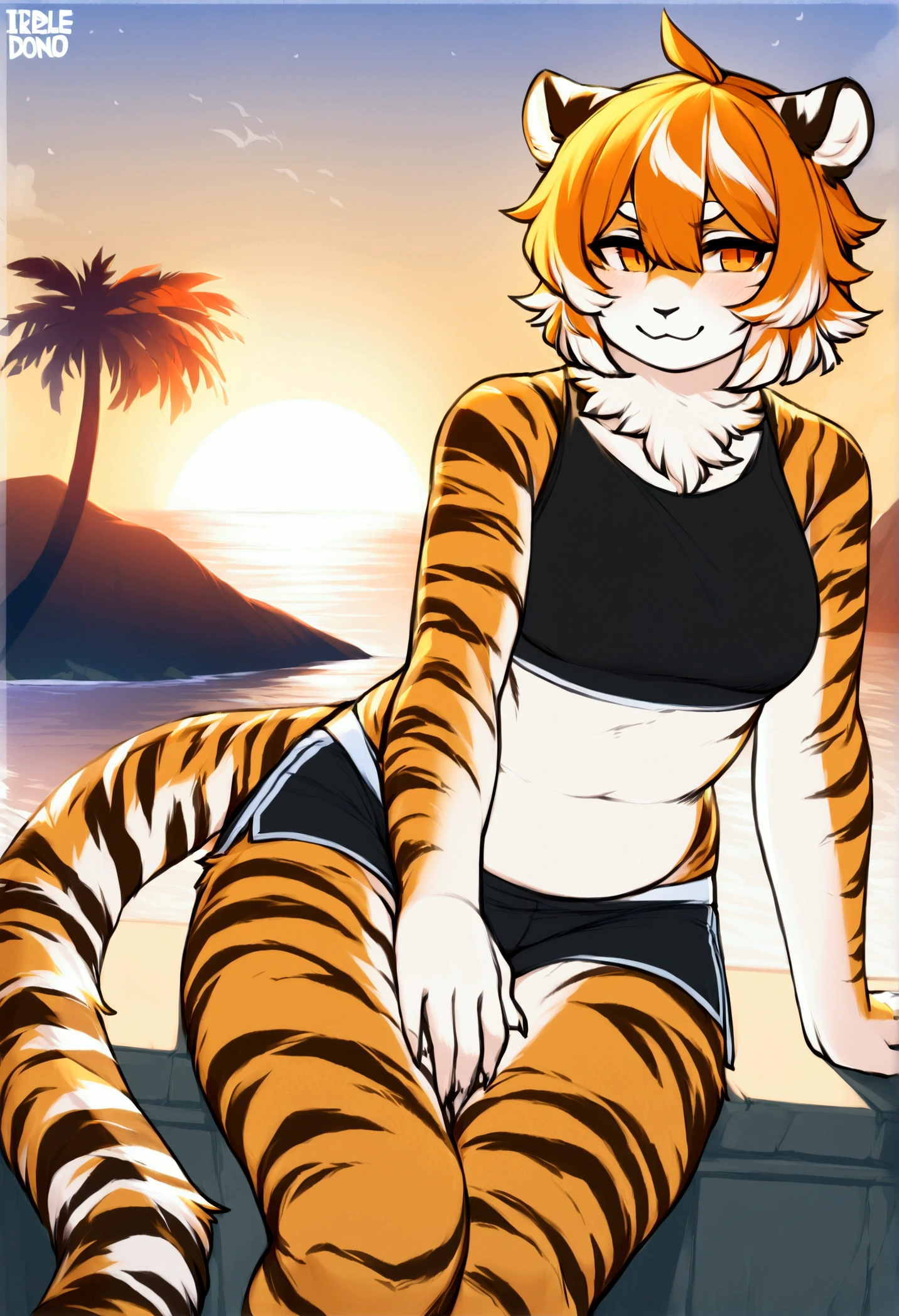 (top quality, best quality, Iriedono, High-quality illustrations, masterpiece, perfect artwork, cinematic light and shading, 16k, 1080p, uploaded on e621)(kemono, furry, anthro, alone), 1 larger male, (very detailed body, face, tail, arms, hands, legs, head and eyes), tiger, Waai Fu, (Arknights), thick thighs, sligtly chubby body, fur, fluffy, tiger ears, tiger fluffy tail, perfect eyes, orange eyes, beautiful sport crop top, beautiful sport boxers, beautiful night on island, body movement, body twitching, jiggle physics, small smile, being proud to be sligtly chubby, flirting with viewer, looking at viewer