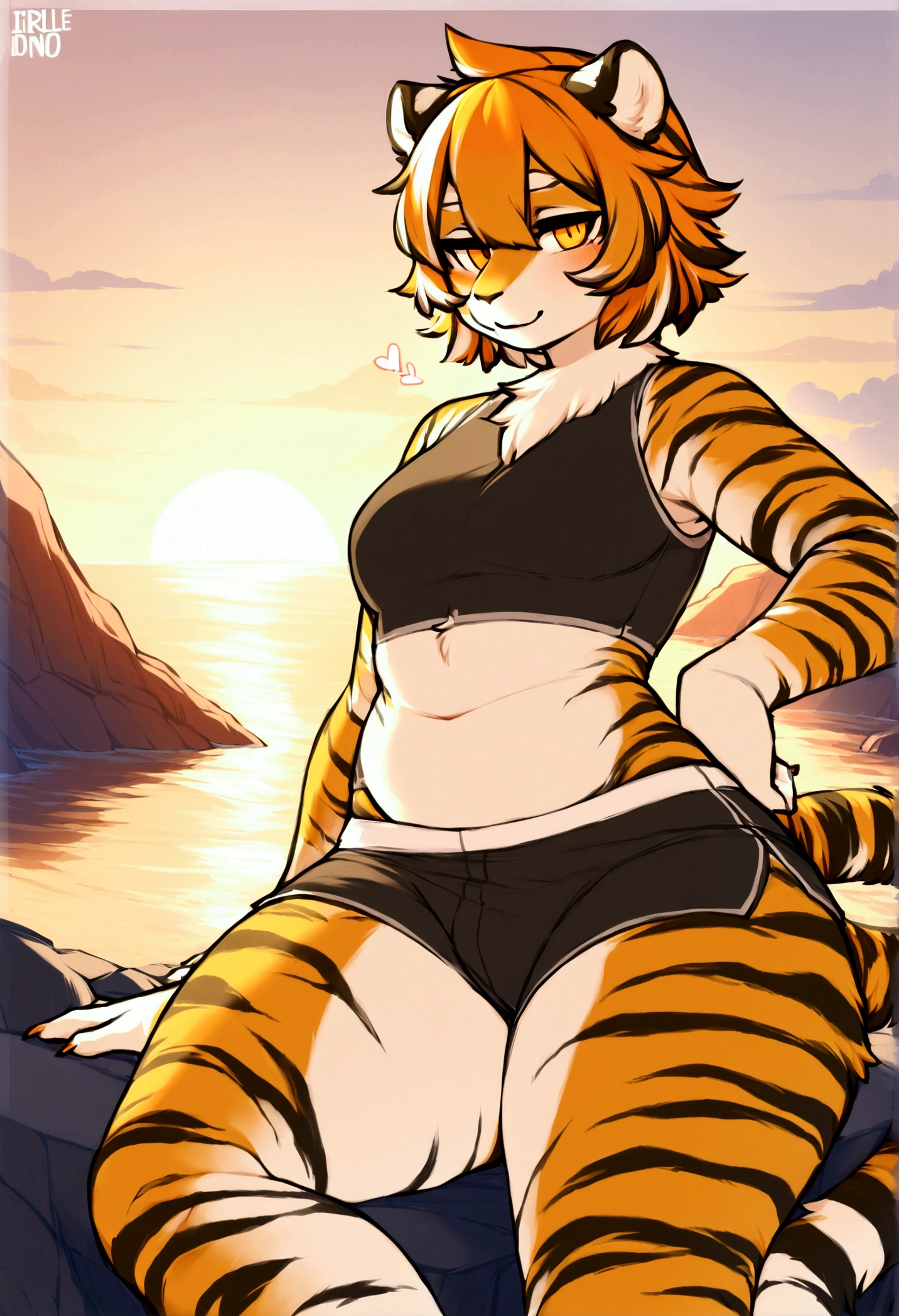 (top quality, best quality, Iriedono, High-quality illustrations, masterpiece, perfect artwork, cinematic light and shading, 16k, 1080p, uploaded on e621)(kemono, furry, anthro, alone), 1 larger male, (very detailed body, face, tail, arms, hands, legs, head and eyes), tiger, Waai Fu, (Arknights), thick thighs, sligtly chubby body, fur, fluffy, tiger ears, tiger fluffy tail, perfect eyes, orange eyes, beautiful sport crop top, beautiful sport boxers, beautiful night on island, body movement, body twitching, jiggle physics, small smile, being proud to be sligtly chubby, flirting with viewer, looking at viewer