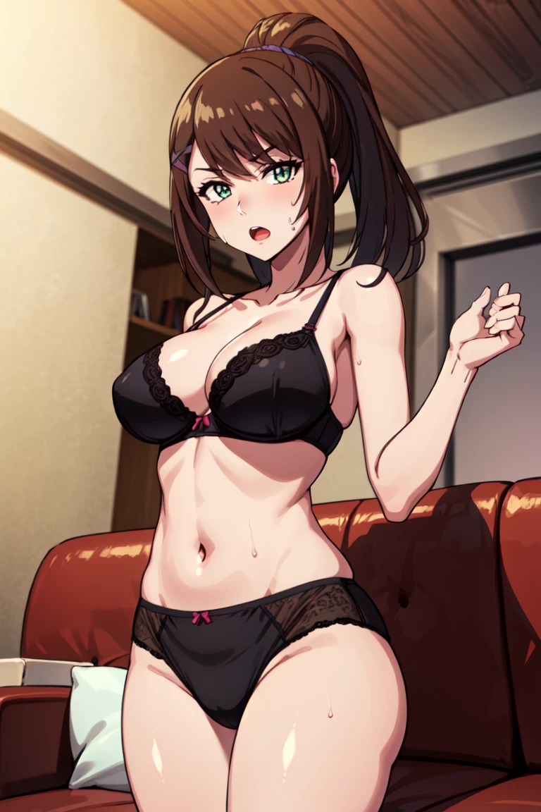 (1 girl), (brown eyes), (Intricate iris detailing), (front), black lace lingerie, black stockings, grin smile, (Lower your eyes), (Chizuru Mizuhara), (living room background)