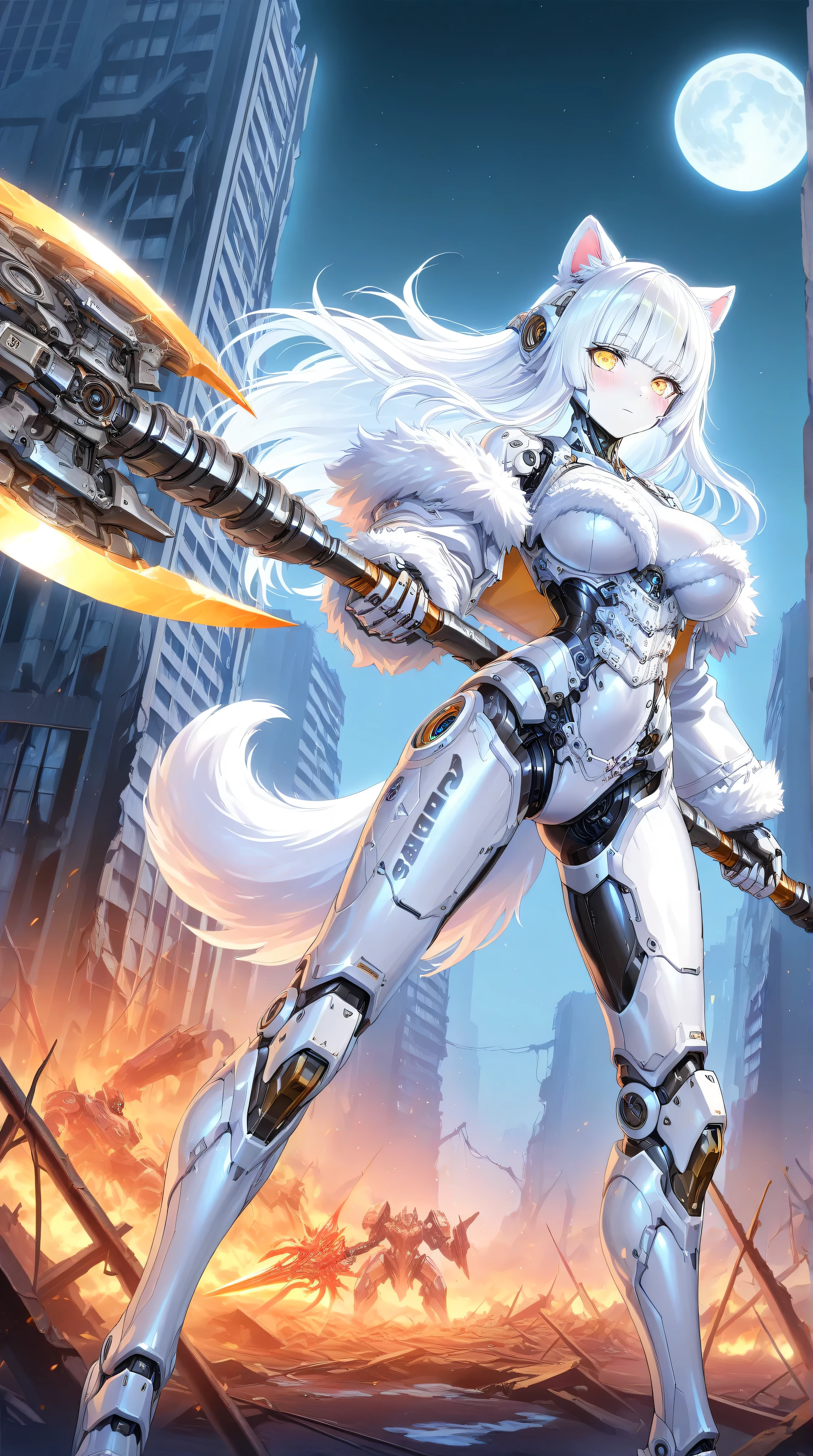 (2heads:1.8), (mecha_musume:1.4), 1girl, long_hair, science_fiction, weapon, sword, holding_sword, red eyes, white hair, long hair, serious, frown, holding_weapon, mecha, running, combat, (centaur:1.4)